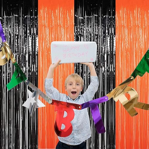 Miniatura 6 de Cortina de flecos de aluminio negro y naranja, 4 cortinas de oropel de 3.28 pies x 8.2 pies, telón de fondo para cabina de fotos, telón de fondo