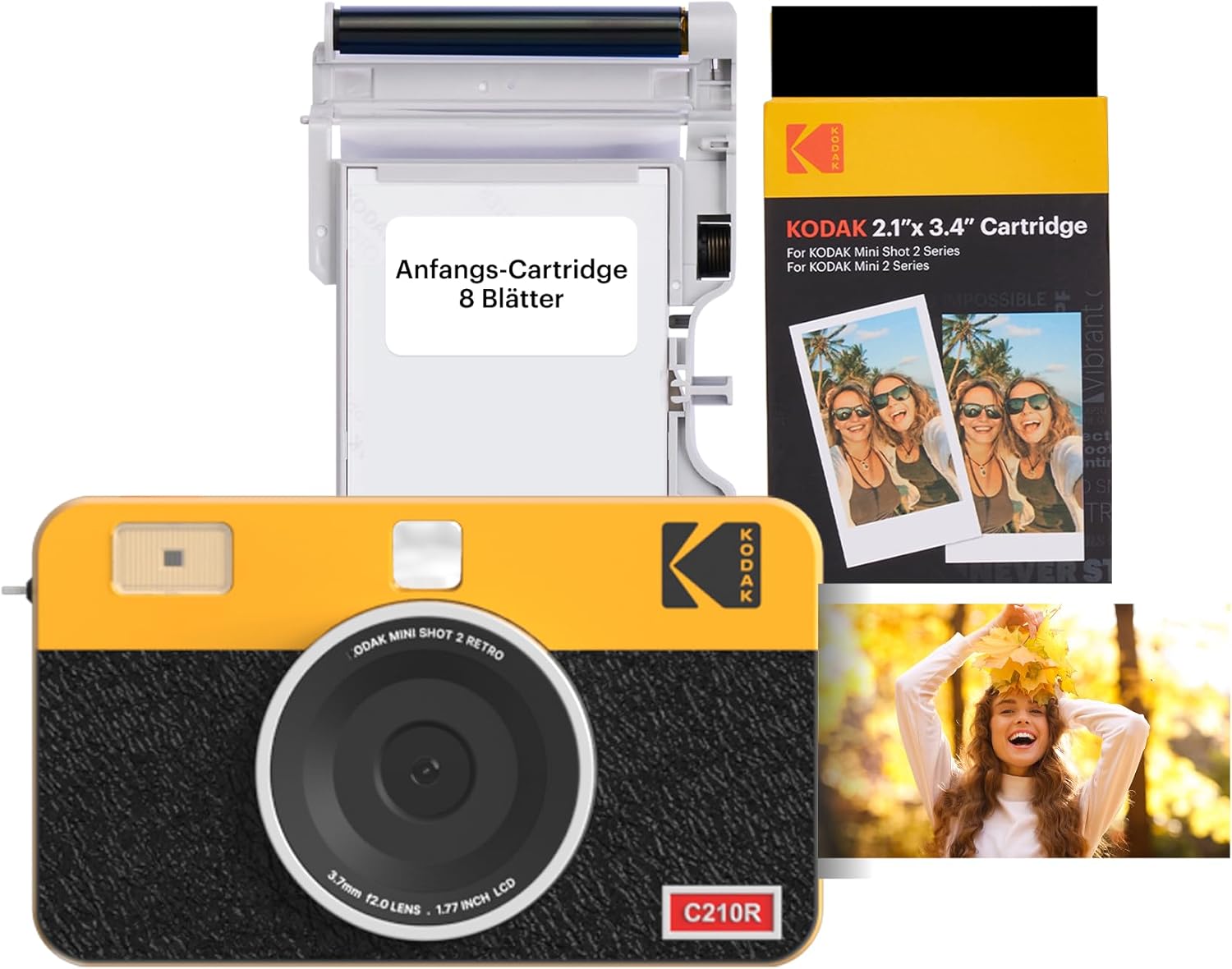 Kodak Mini Shot 2 Retro Portable Instant Camera and Photo Printer, iOS and Android, Bluetooth, 4Pass Technology (54 x 86 mm) – Yellow – 68 Sheets
