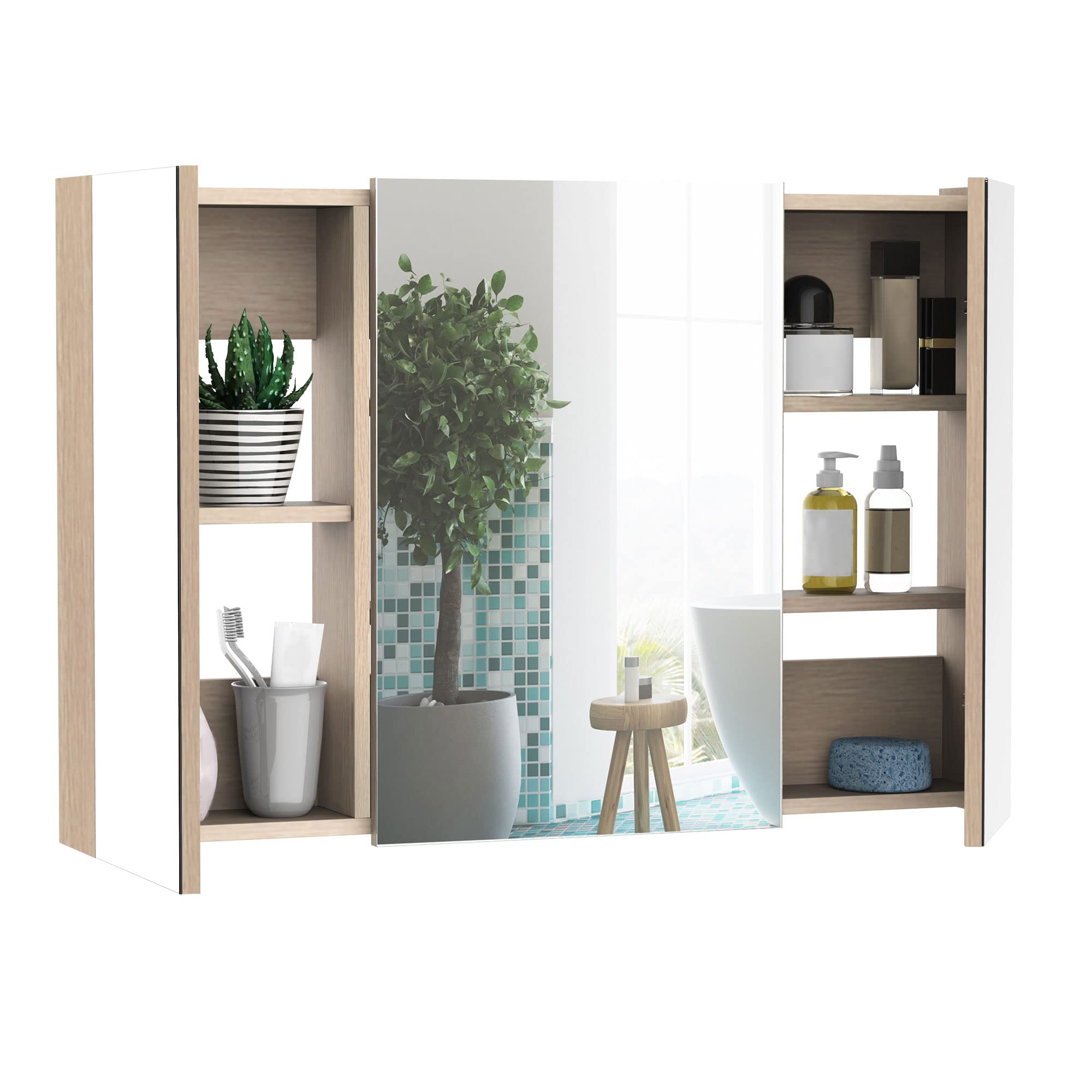 kleankin Specchio Bagno Contenitore con 3 Ante a Specchio Soft Close, Specchiera Bagno con Ripiani Regolabili in Legno e Vetro, 90x13.5x60 cm, Color Legno