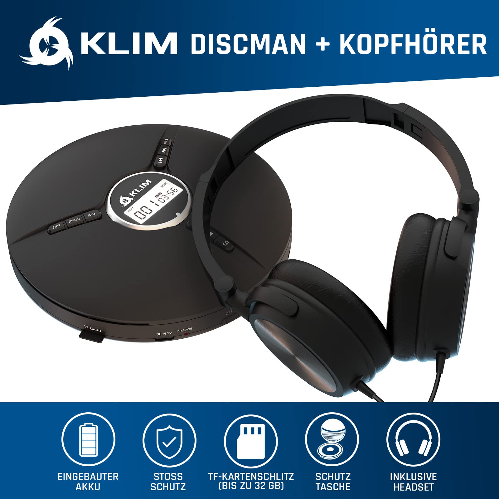KLIM Discman mit Kopfhörer - Tragbarer CD-Player mit Kopfhörer - mit eingebautem Akku - NEU - Kompakter Mini Portable CD Player, kompatibel mit CDR, CDRW und MP3