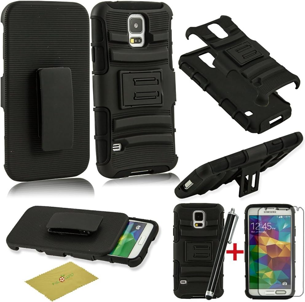 Galaxy S5 Case, Fulland Prime Series Dual Layer Holster Case with Kick Stand and Locking Belt Swivel Clip for Samsung Galaxy S5 I9600 with Stylus & Screen Protector-Black/Black