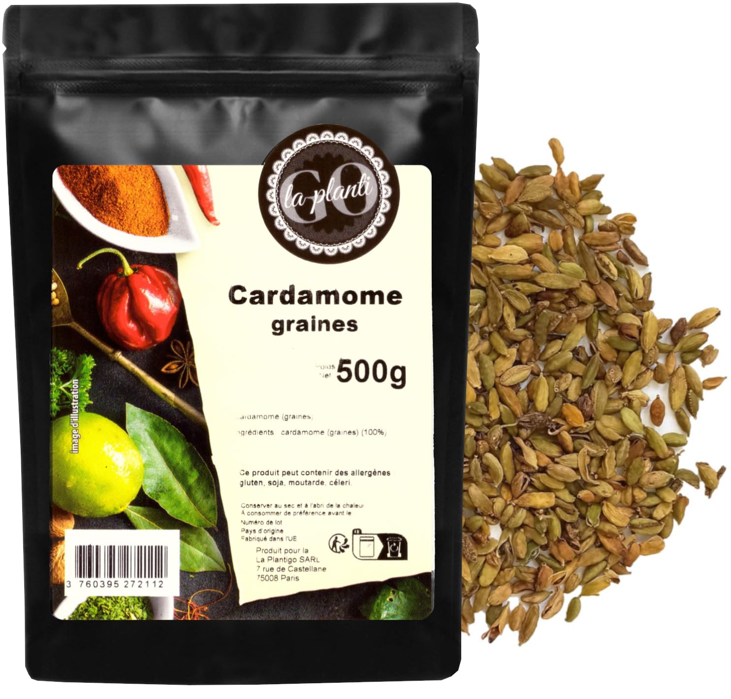 Cardamome (graines) 500 g- LA PLANTIGO Un choix savoureux, Qualité Supérieure, Sachet avec Zip, Cardamome Gousses Entières - Graines Cardamome Vertes