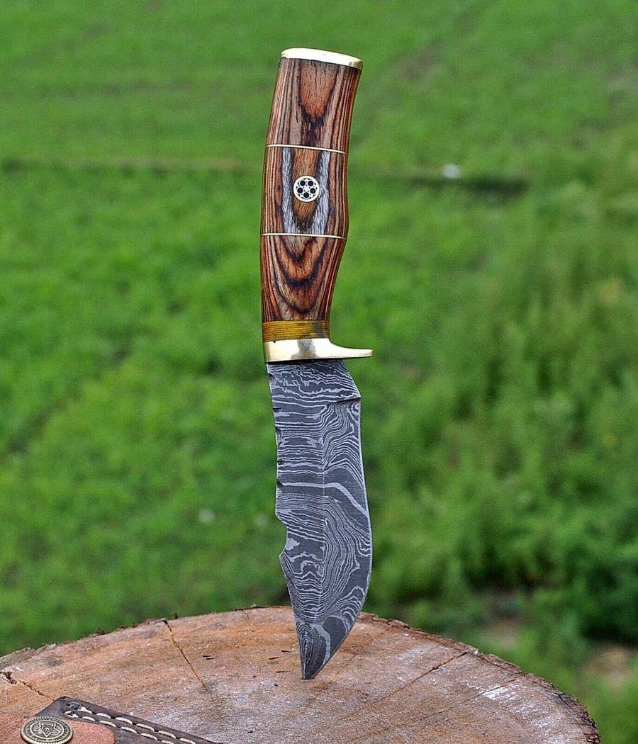 Custom Handmade Damascus Steel Bowie Knife - EDC Fixed Blade Knife for Hunting, Camping, Outdoor Activities, Densified Wood Handle, Leather Sheath