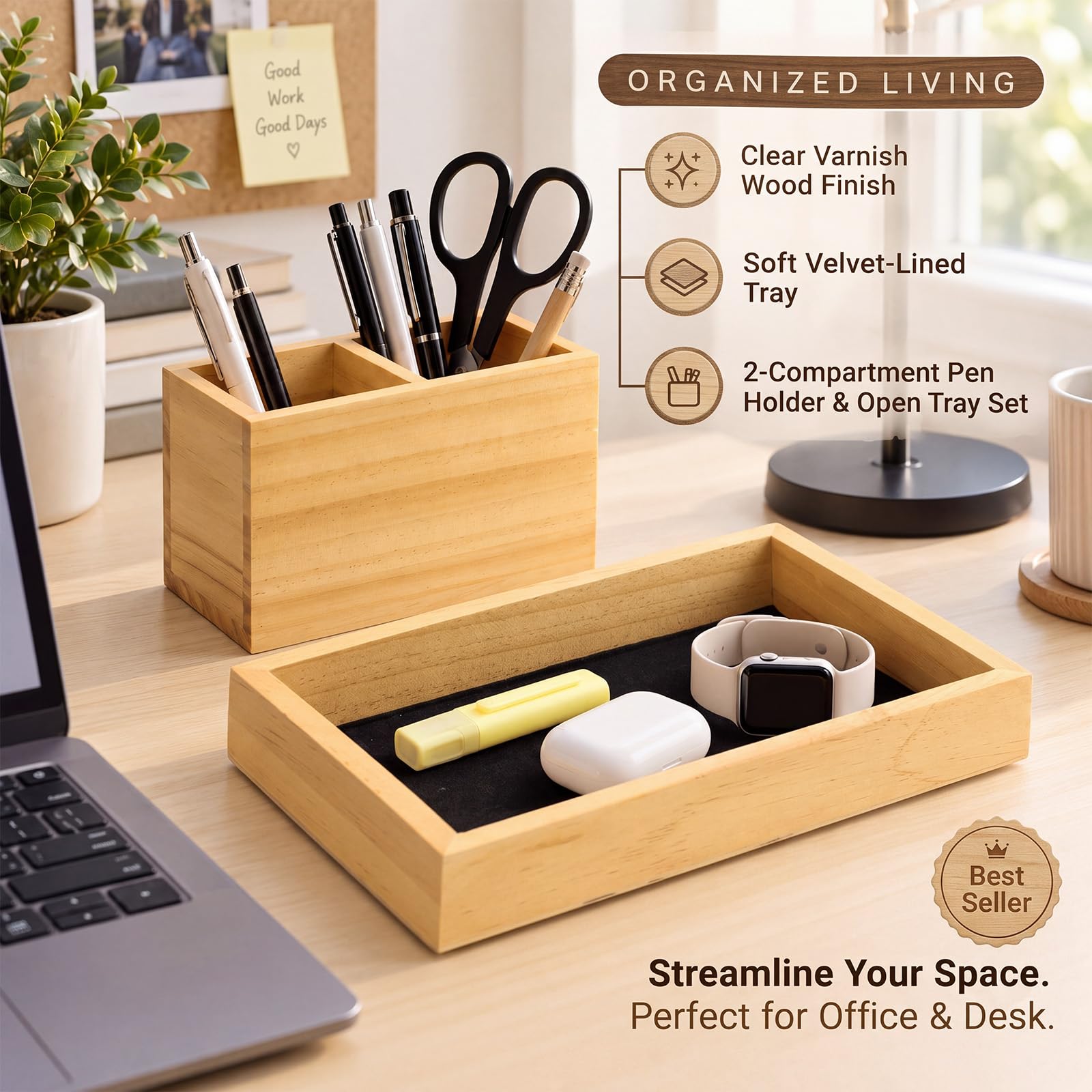 Fumete Plateau de bureau en bois avec porte-stylo, couleur bois naturel