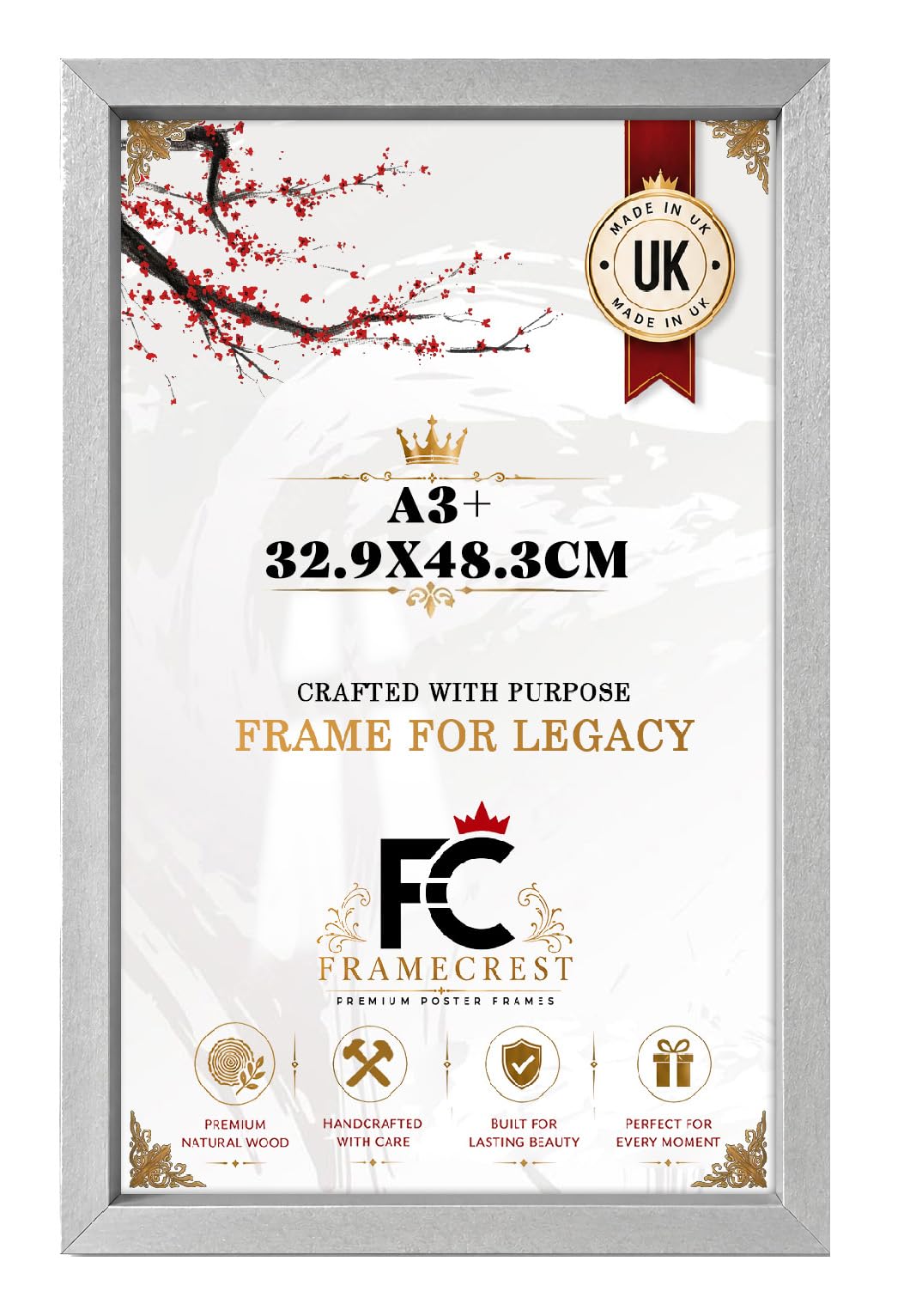 Framecrest Ltd Silver Framecrest Flat Profile Large A3+ 32.9X48.3cm Poster Frame Eton Wood Perfect For Wall Gallery, Living Room & Wall Hanging Mount Poster Picture-[Silver]