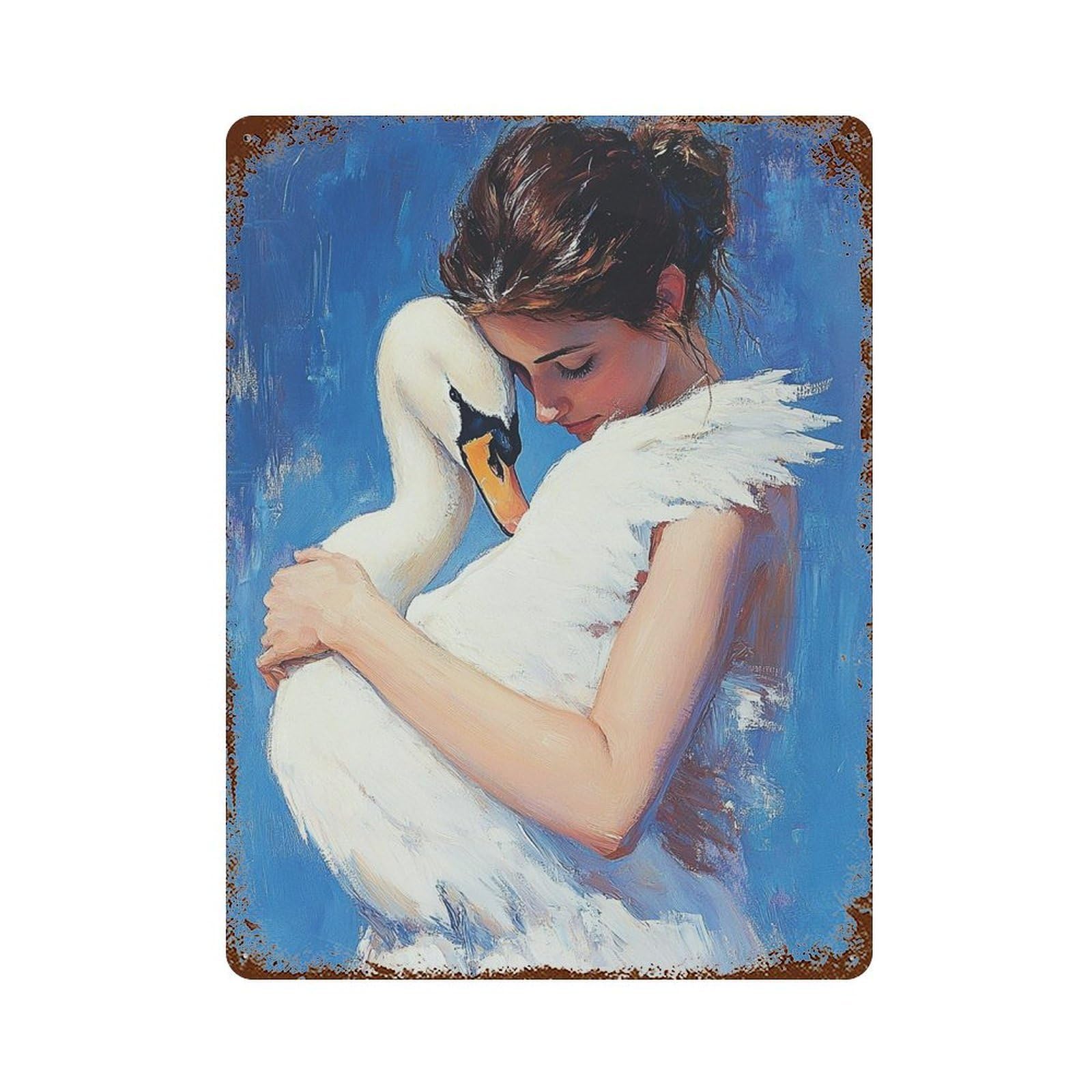Swan Embrace Art Print 15.7"x11.8" Distressed Metal Wall Sign, Shabby Chic Decor for Shed, Workshop And Garage Wall Decor