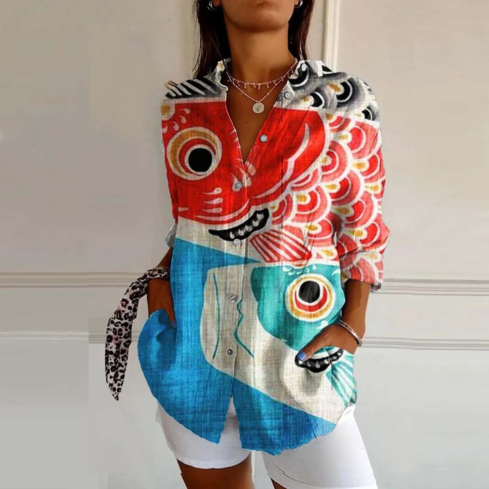 Camisa de gasa de lino de manga larga para mujer, de verano, a la moda, con cuello abotonado, casual, de muselina, con solapa, de lino, algodón, para mujer, estampado de primavera, camisa con botones