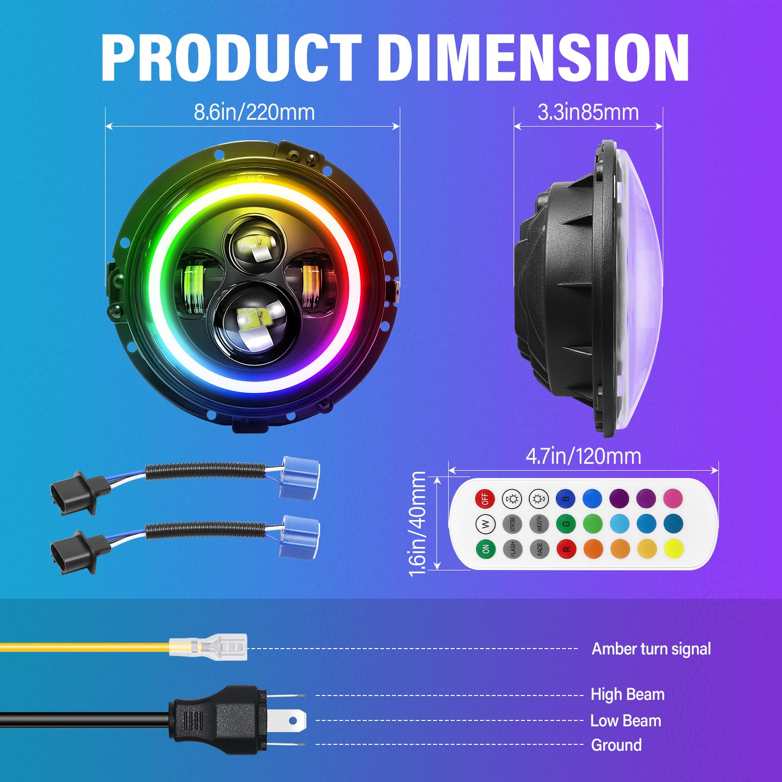 RIGIDON 2x 7 50W Faro LED Moto Con Anillo de Soporte de Montaje, Hi/Lo Luz de Trabajo LED, Redondo Halo DRL Blanco RGB Iluminación Faro Compatible con Harley Wrangler JK TJ LJ CJ JP Humm-er