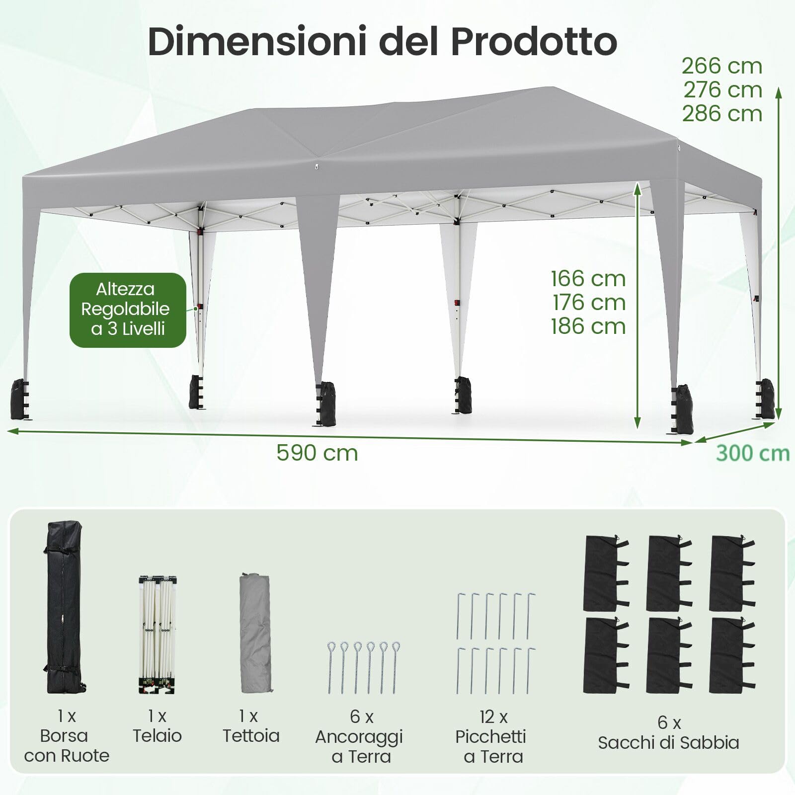 COSTWAY 3x5,9 m Gazebo da Giardino Pieghevole, Regolabile in Altezza, Gazebo Esterno Impermeabile Antivento con Borsa a Rotelle, Montaggio Veloce, Tendone per Feste, Mercati e Matrimoni (Grigio)