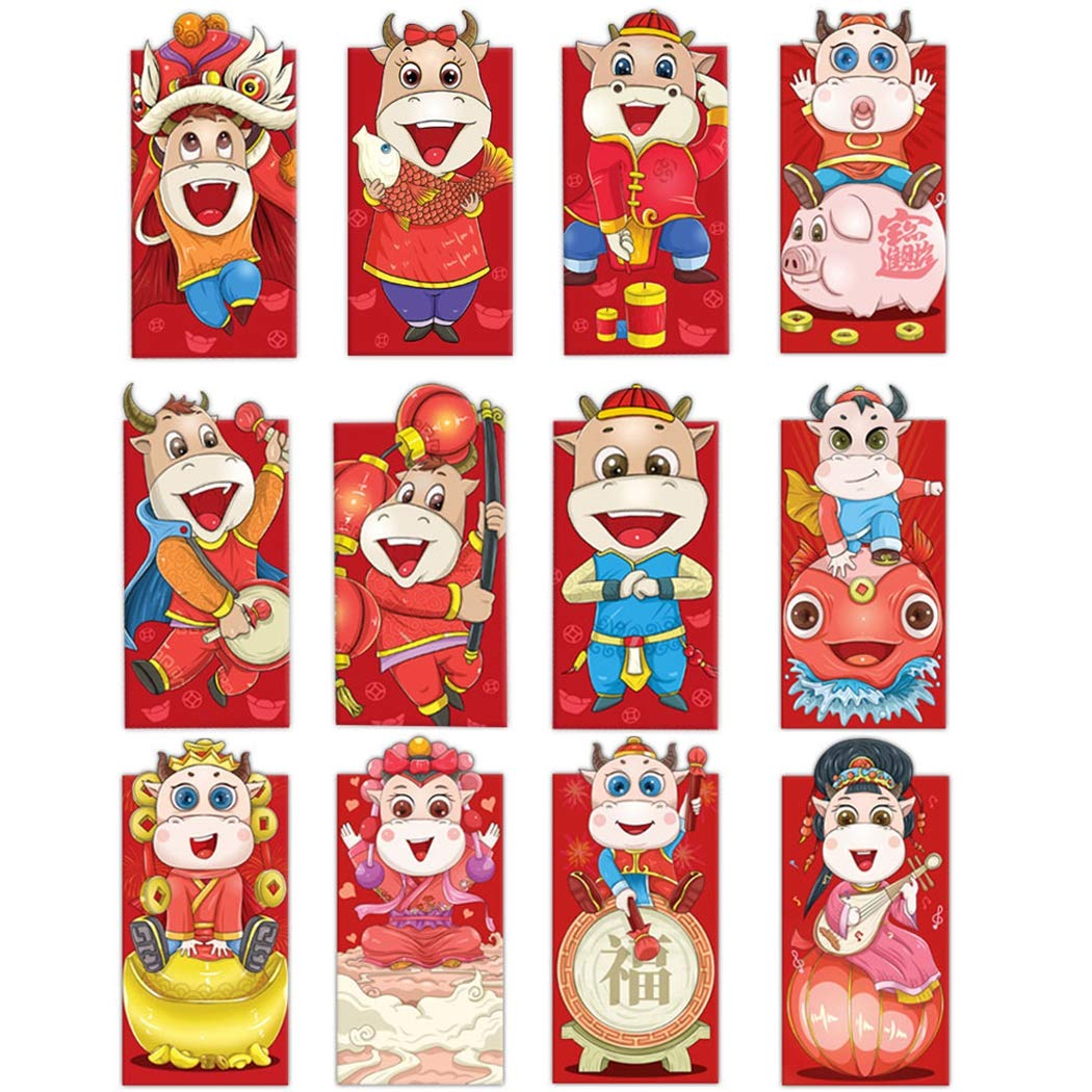 boxoon 12PCS 2021 Chinese Money Packet Festive Cartoon Cow Lucky Money Envelope 2021 Zodiac New Year Lucky Money Packets-image-28