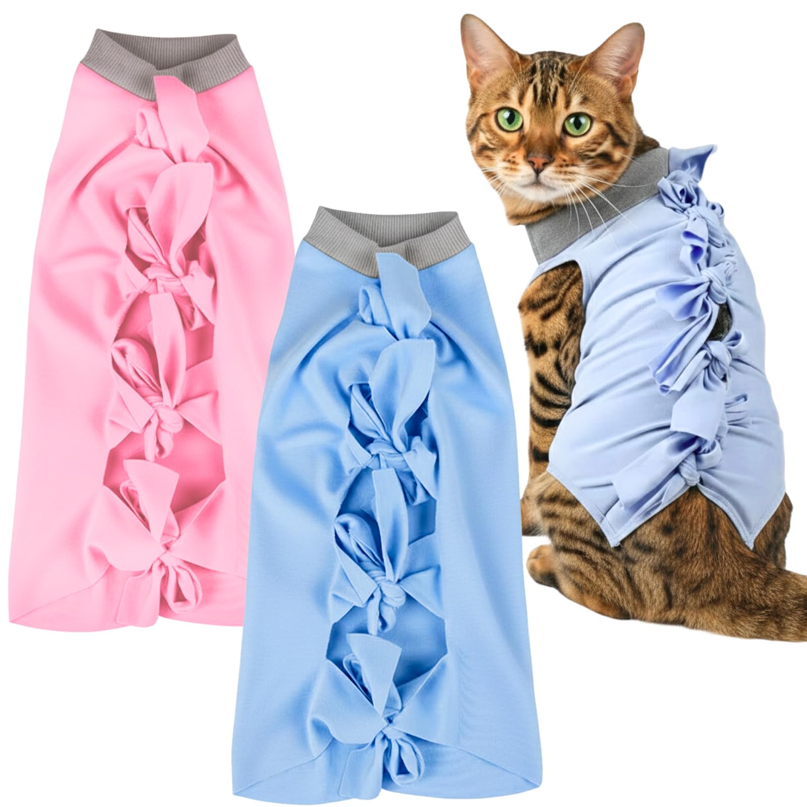 A+a Pets' MAA' Cat Everyday Clothing Combo | E-Cone Alternative, Post Surgery Recovery, Abdominal Wounds, Skin Issues | Breathable Cotton Set of 2 (Pink & Blue, M)-image-10
