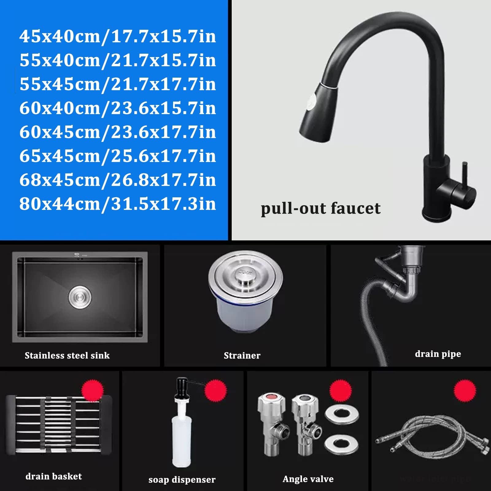 Fregadero De Cocina Bajo Encimera Fregadero De Acero Inoxidable Fregadero De Un Seno Negro Fregadero De Barra Grifo Extraíble Negro Accesorios Incluidos (S : 80x44cm)