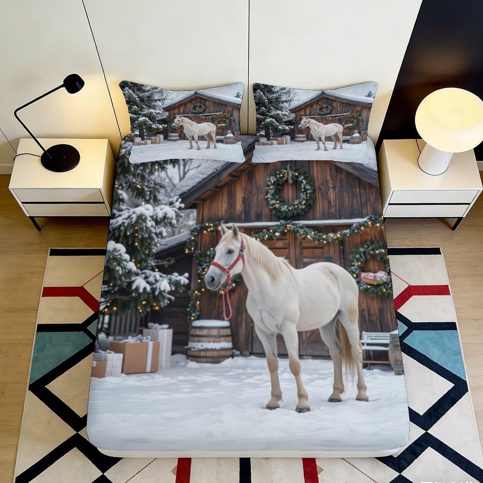 3D Printed Snow Horse Fitted Sheet Microfiber Non-Slip Deep Pocket Bedroom Bedding Snow Scene Mattress Fitted Cover Washable for Home 200x200x25cm 90x200x25cm