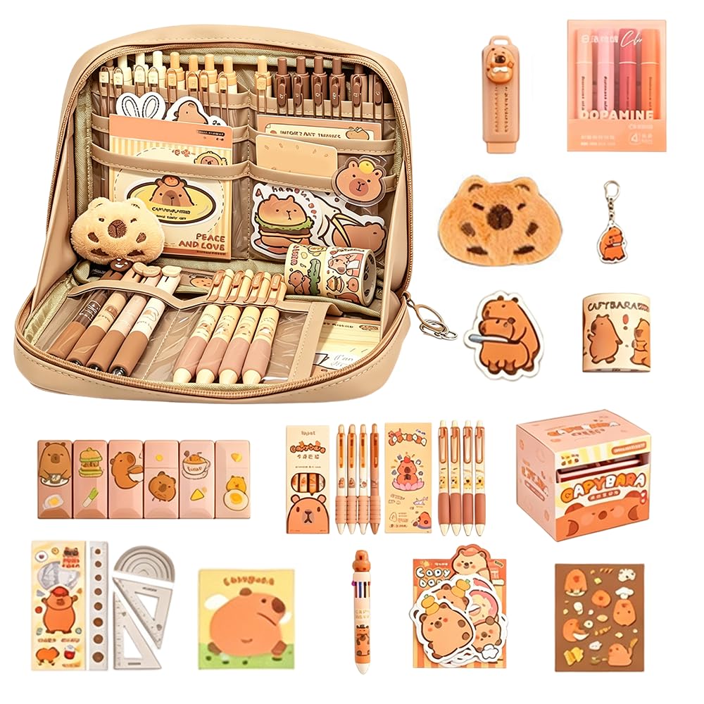 LYPPUL 16 Pcs Capybara Stationery Set, Capybara Pencil Case, Capybara Stationery Gift Set, Large Capacity Pencil Case with Eraser, Ballpoint Pens, Sticker, Brooch and More for Kids Students Office