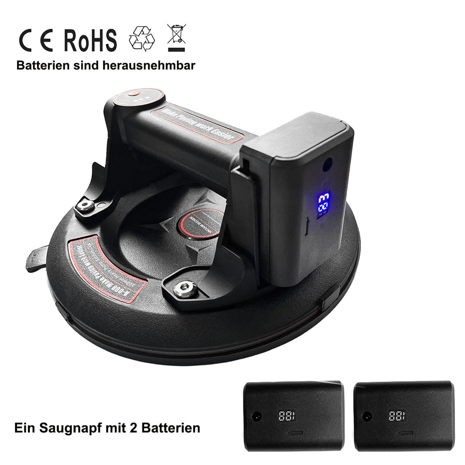 DURDUR 2 stuks 8 inch zuiglifter batterij tegellift met manometer 250 kg | accu x 4, elektrische zuiglifter draagkracht, driedelige pad vacuüm glaslift voor transport van aquarium, tegels, glas