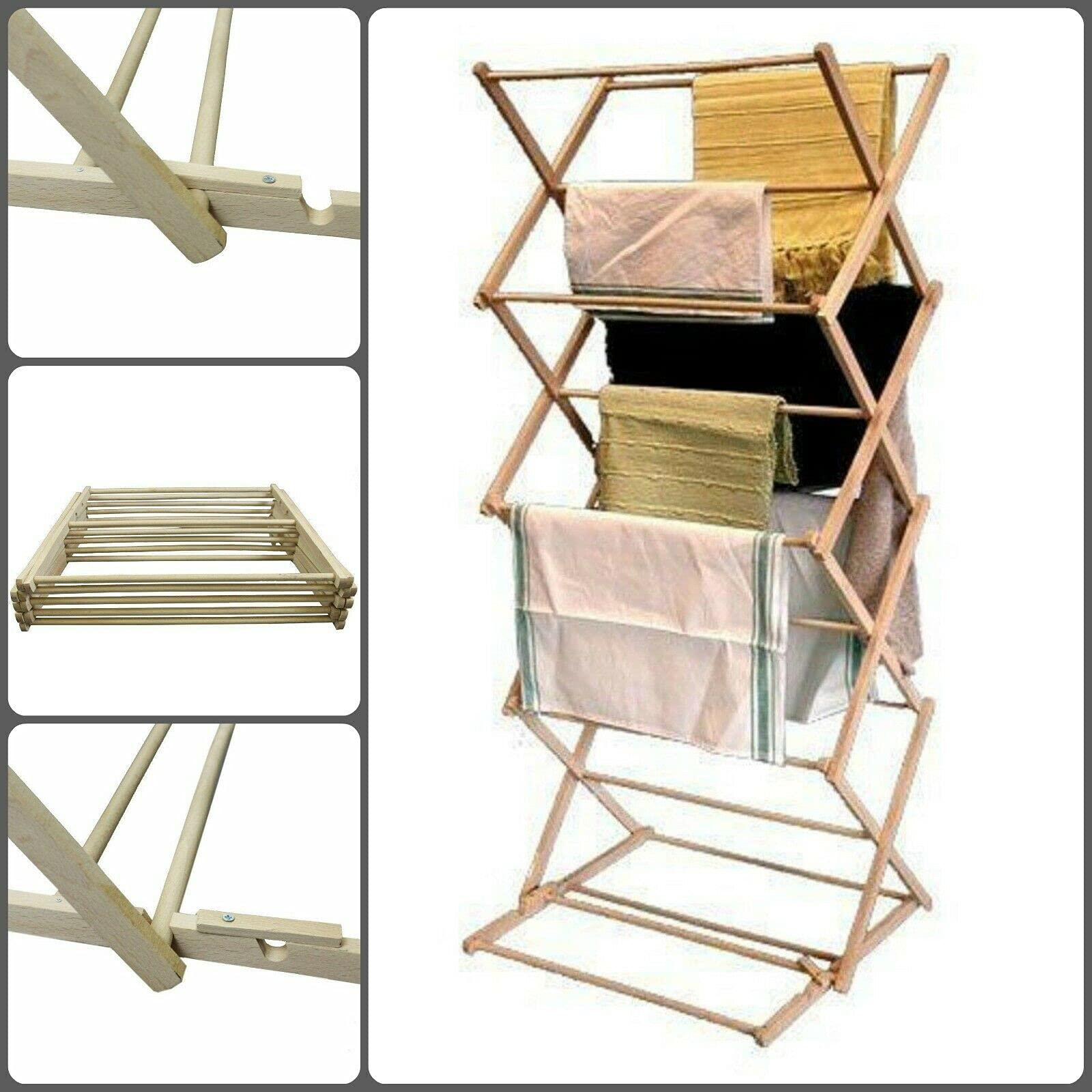 Vintage Retro Classic Folding Adjustable Bamboo Wooden Clothes Airer