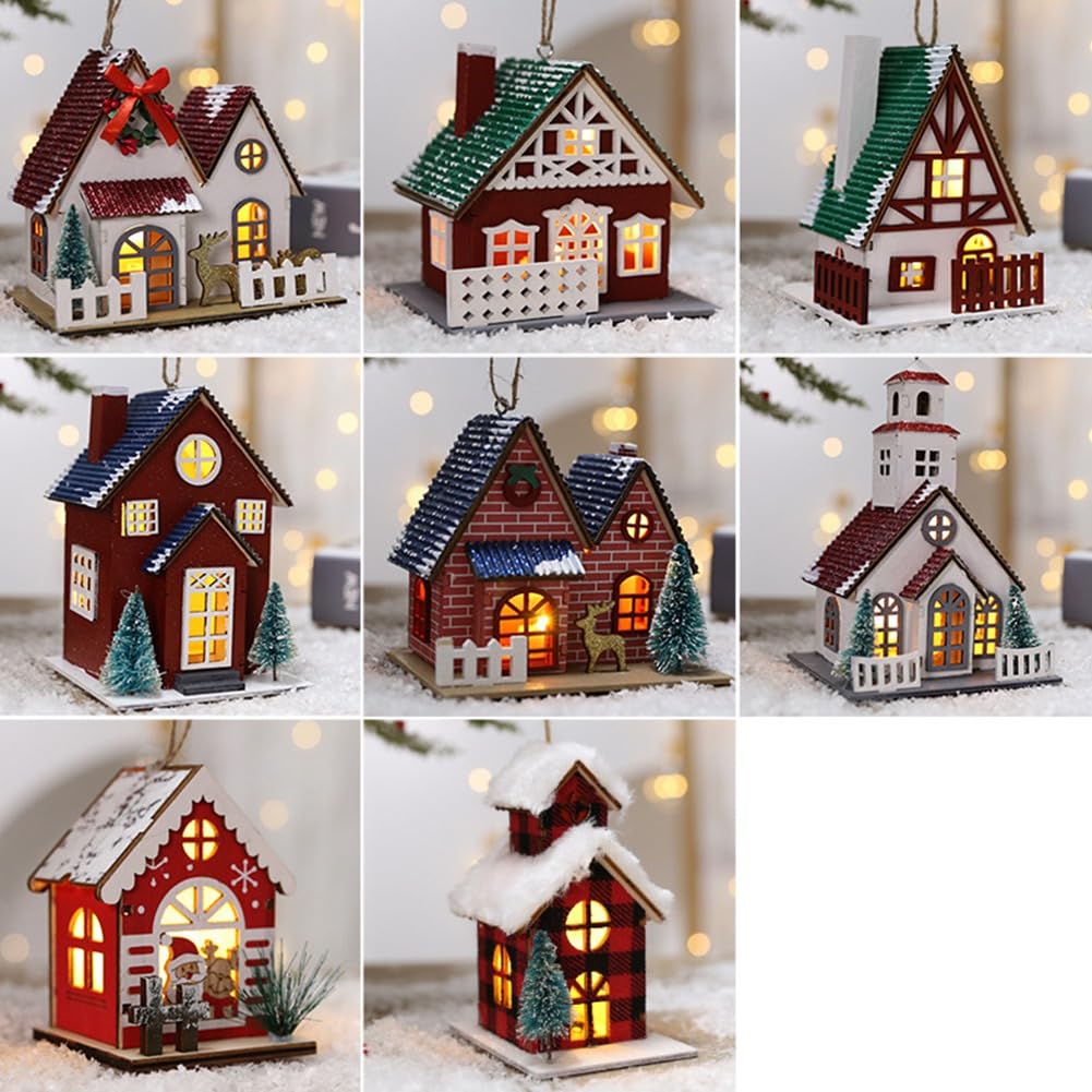 Casa de Troncos Casa Edificio Luminoso Adornos Navideños de Madera Adecuado para la Decoración del Árbol de Navidad