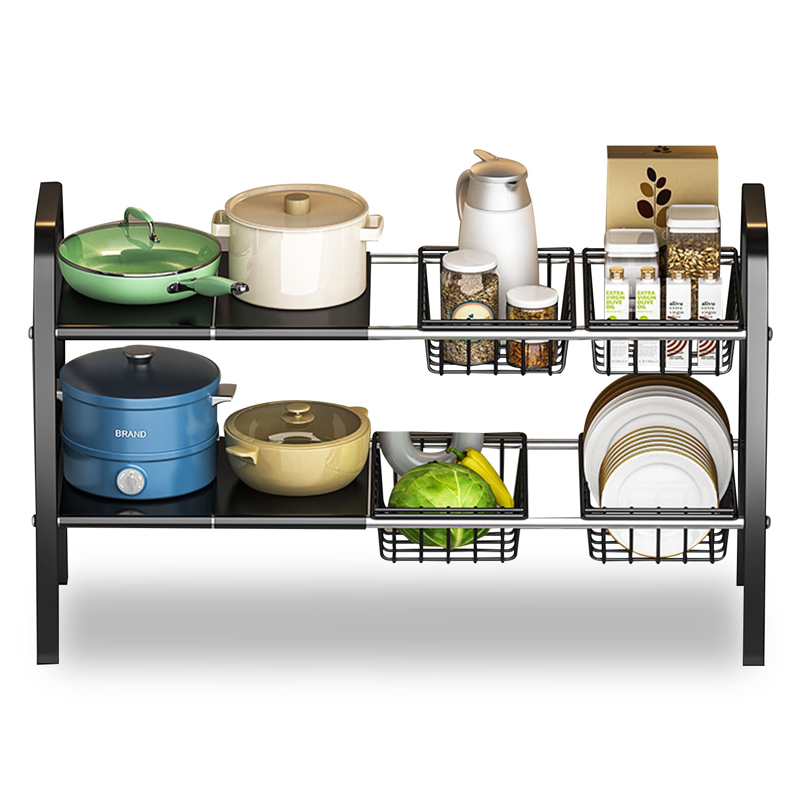 DAYONG Under Sink Organizers and Storage, 2 Tier Expandable Under Cabinet Shelf with Removable Panels & Basket, Under Sink Storage Rack for Kitchen, Bathroom, Cupboard