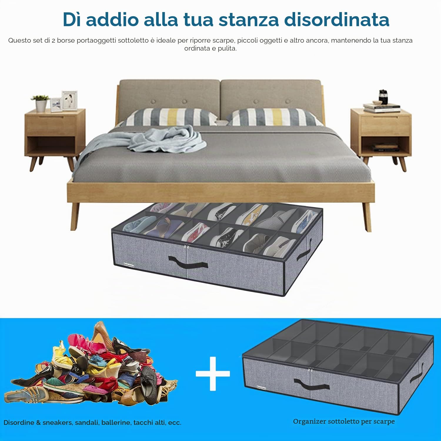 homyfort Set di 2 Organizzatore Scarpe Sottoletto con Coperchio Trasparente - Custodia Portascarpe a 12 Scomparti Organizer Pieghevole in Tessuto, Lino Grigio, XDUBSB2P