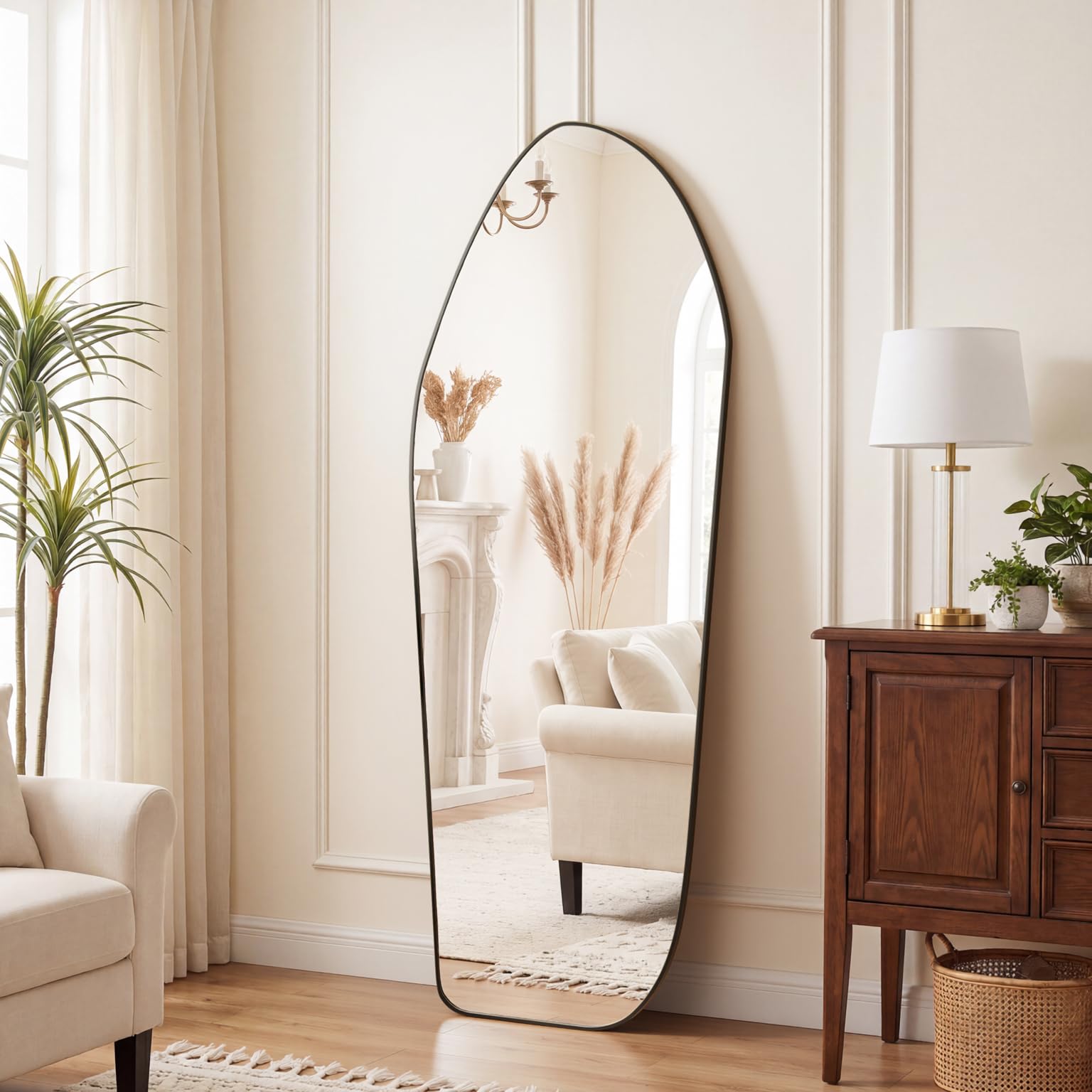 Koonmi 170x60cm Irregular Full Length Mirror, Asymmetrical Wall Mounted Mirror, Tempered Glass Explosion Proof, Standing Full Body Mirror Decorative for Bedroom, Bathroom, Living Room, Gold