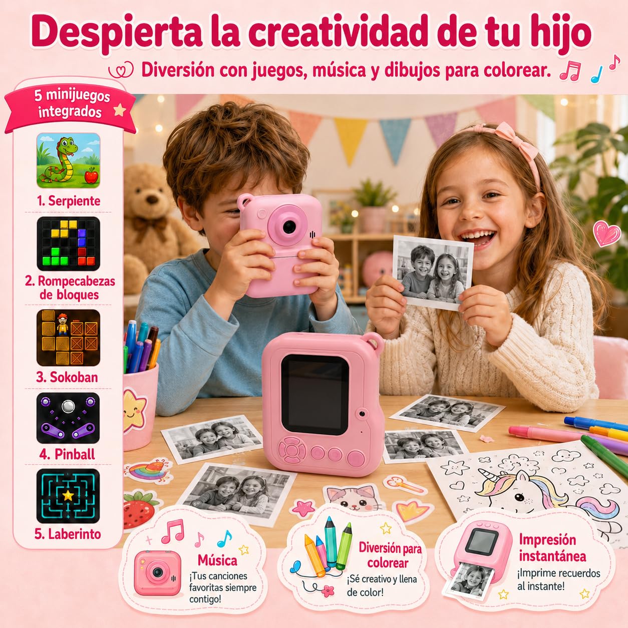 Cámara Instantánea Infantil 1080P Con Pantalla De 2,4″ – Incluye Tarjeta De 32GB, Papel De Impresión, Pinceles Y Pegatinas, Ideal Para Niños De 3 A 12 Años