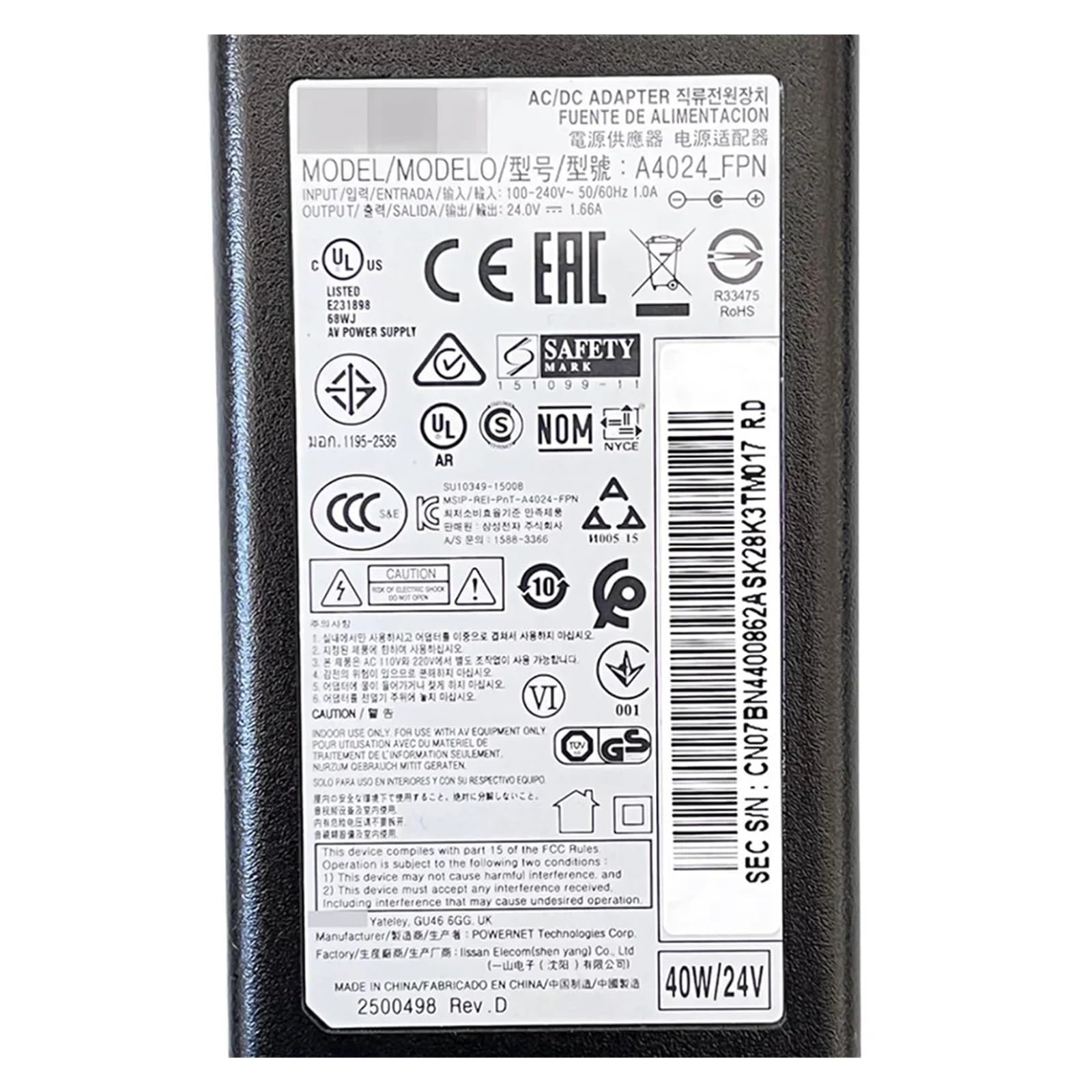 HW-M450 HW-N650 N400 -N500 M550 M430 K550 K550/ZA È For Adattatore CA/CC 24 V 1,66 A 40 W A4024_FPN BN44-00862A Gruppo Cavi