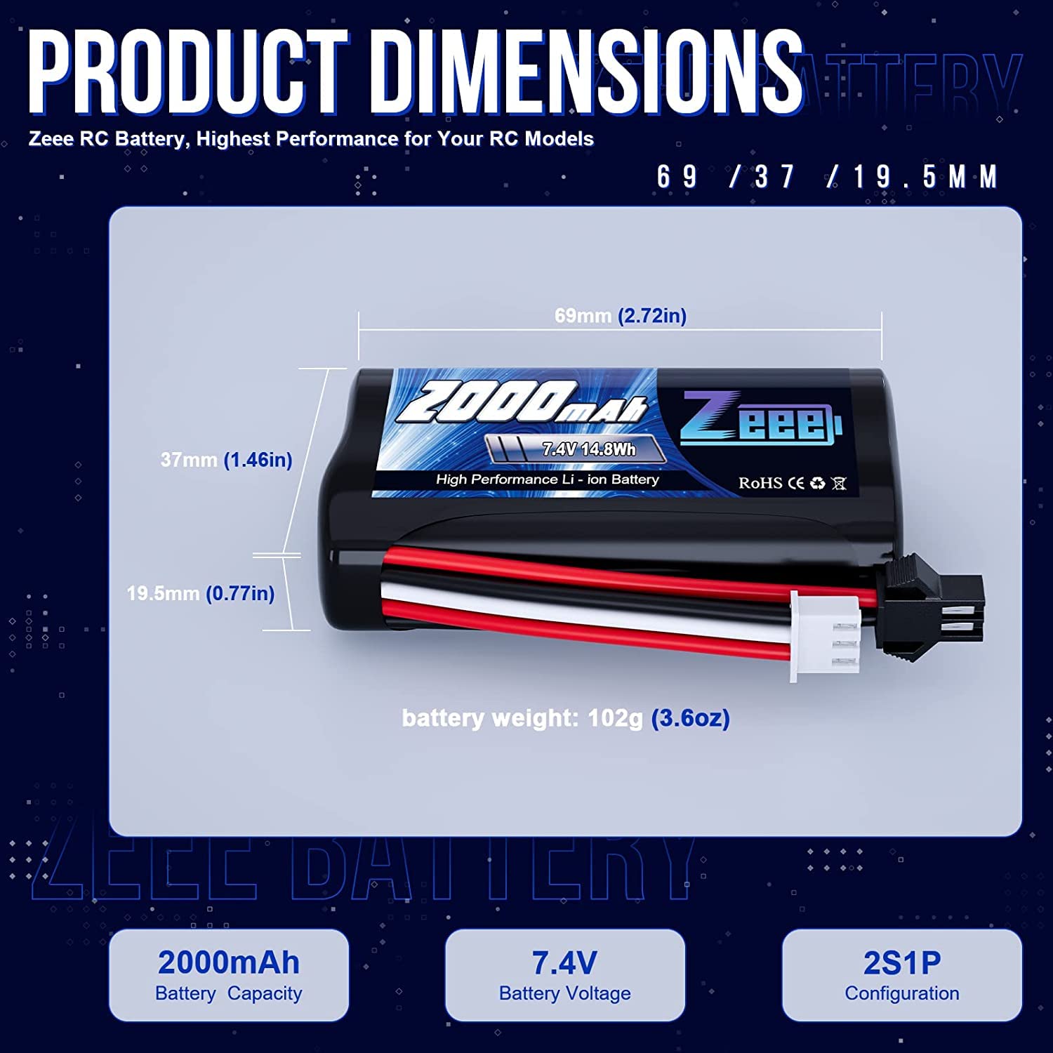 Zeee 2S Li-Ion Batería 7.4V 2000mAh con Enchufe SM2P y Cargador USB de 2 Piezas Compatible con RC Car MN D90/91, MN 99/99s, H101 H103 H105 RC Boat RC Truck (2 Piezas)