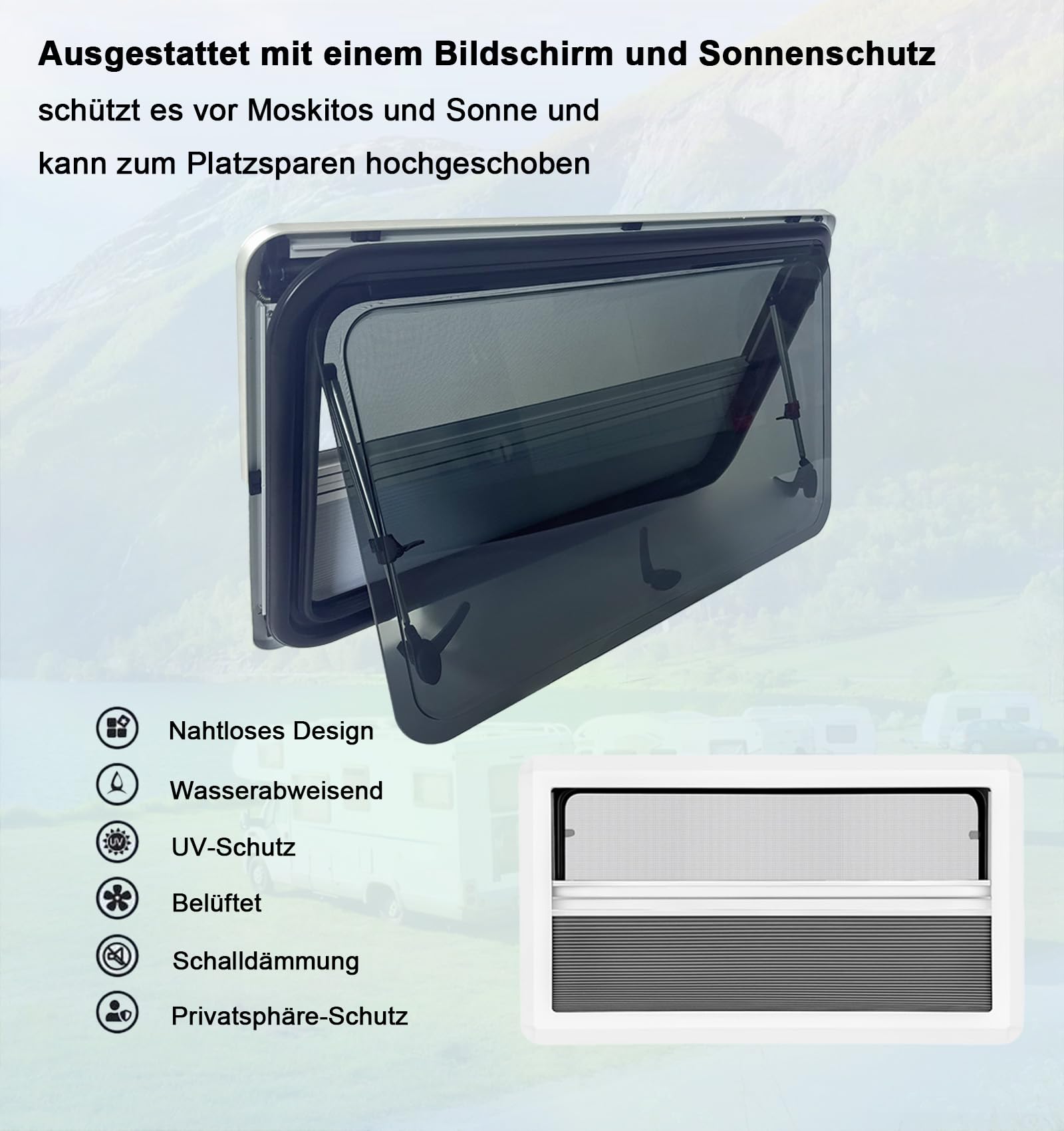 Wohnwagen Fenster Wohnmobil Fenster - Ausstellfenster Camper Wohnmobilfenster Externes Push Fenster mit Integriertem Rollo und Fliegengitter für Alle Arten von Fahrzeugen (900x450mm)