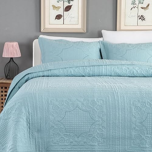 Miniatura 9 de Brandream Juego de ropa de cama de lujo de granja 100% algodón, tamaño Queen, King, vintage, elegante, juego de colcha acolchada azul aguamarina (98