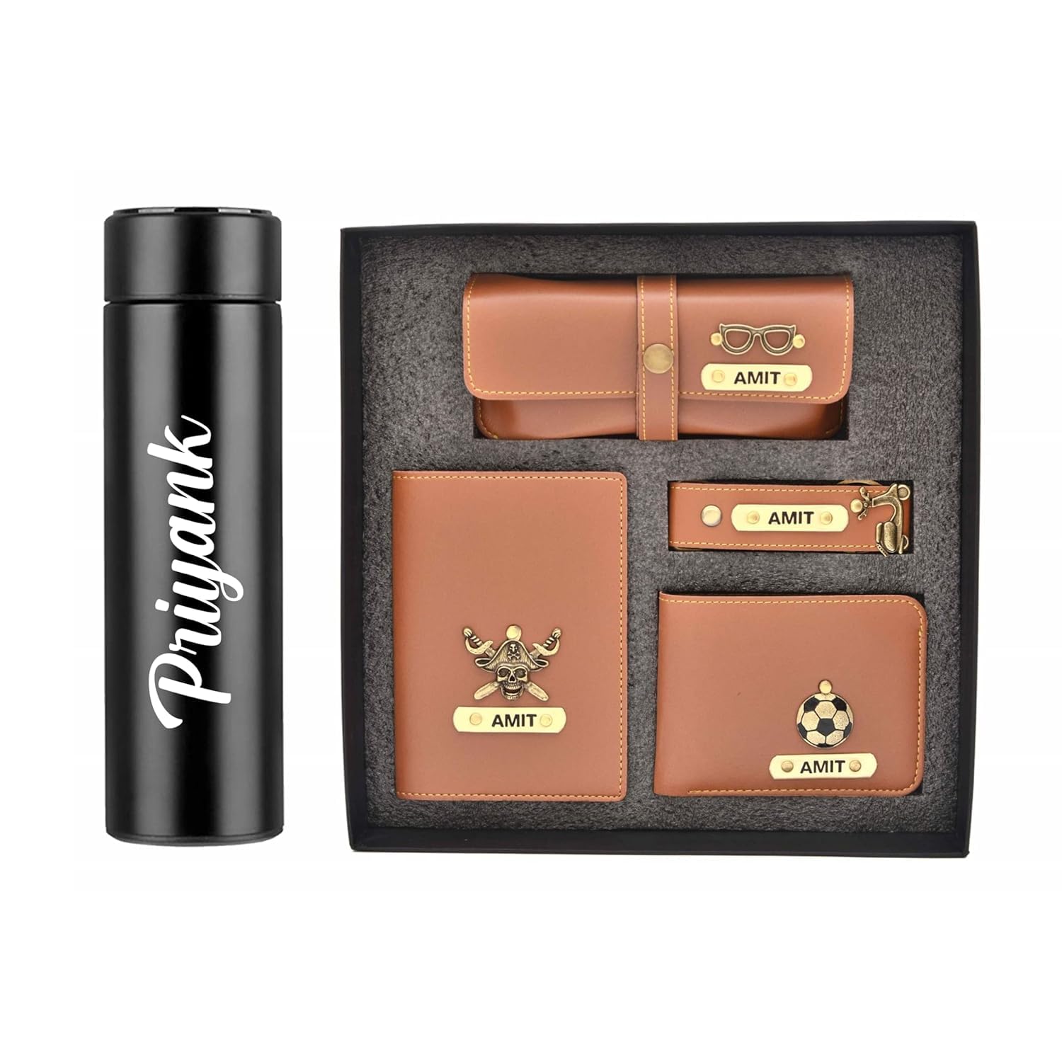 customized leather 5 pcs gift set | personalised gift for men, brother, father, husband with name engrave | customized gift hamper (tan)
