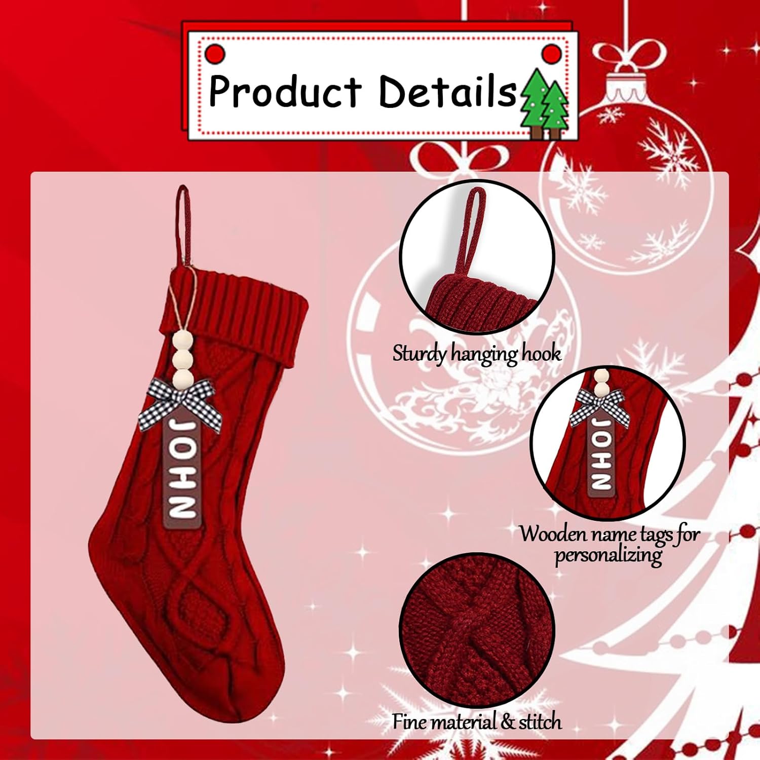 Set of 6 Personalized Christmas Stockings with Wooden Name Tags, 18" Xmas Cable Knitted Stocking – Holiday Hanging Decor Gifts for Family Party (White, Red, Green)