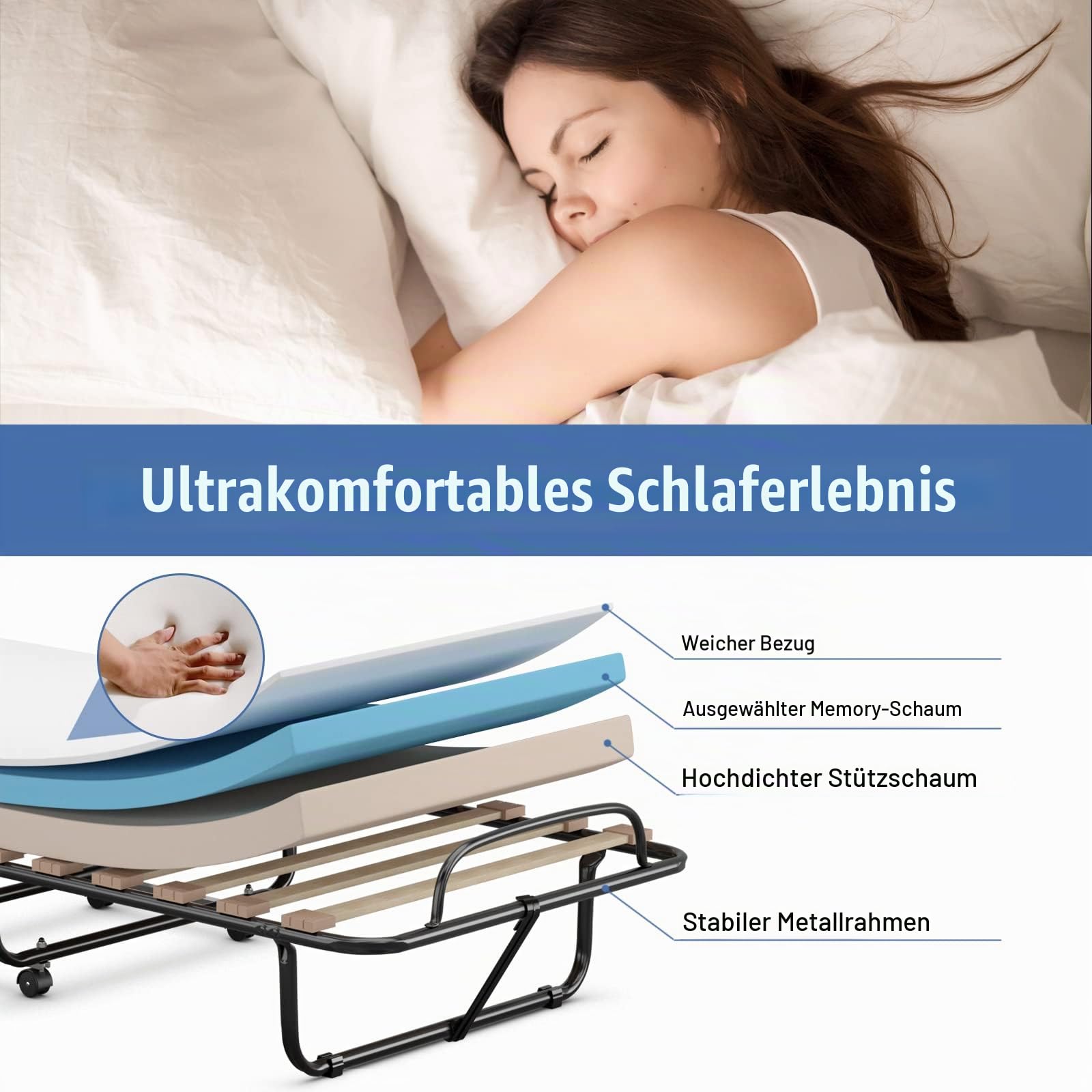 GIANTEX Gästebett klappbar, Klappbett 80x190cm Erwachsene, Einzelbett mit Matratze aus Memory-Schaum, Reisebett mit 4 Rollen, klappbares Bett Faltbett Metallbett Metallrahmen 130 kg belastbar (Blau)