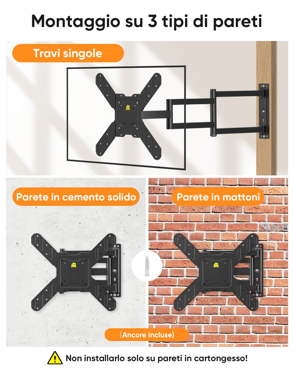 FORGING MOUNT Supporto TV Parete con Braccio Extra Lungo 840mm per 26-65 Pollici fino a 40KG, con 3 bracci pieghevoli, Staffa TV Girevole Inclinabile Orientabile, Max VESA 400x400mm