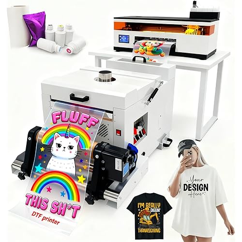 Stable industrialized Print Head A3 DTF Printer with White Ink Circulation System, Clothing Fabric Printing Machine (Printer + Automatic Oven + Software + Computer + Materials)