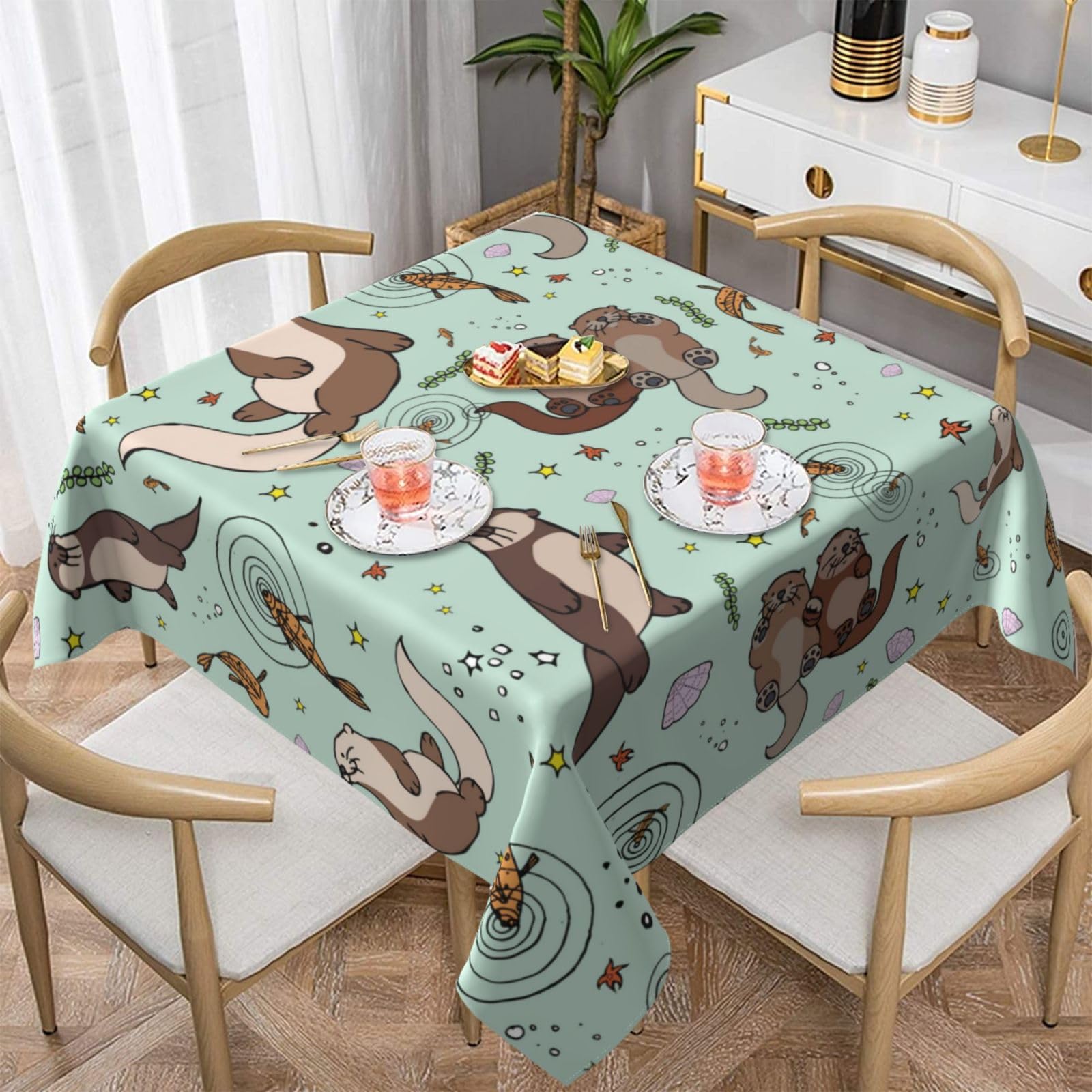 DCEHGEW Otters Prints Square Tablecloth 137x137 CM, Waterproof Fabric Table Cloth for Dining Table, Farmhouse Table Cover for Kitchen Dining Tabletop Decoration