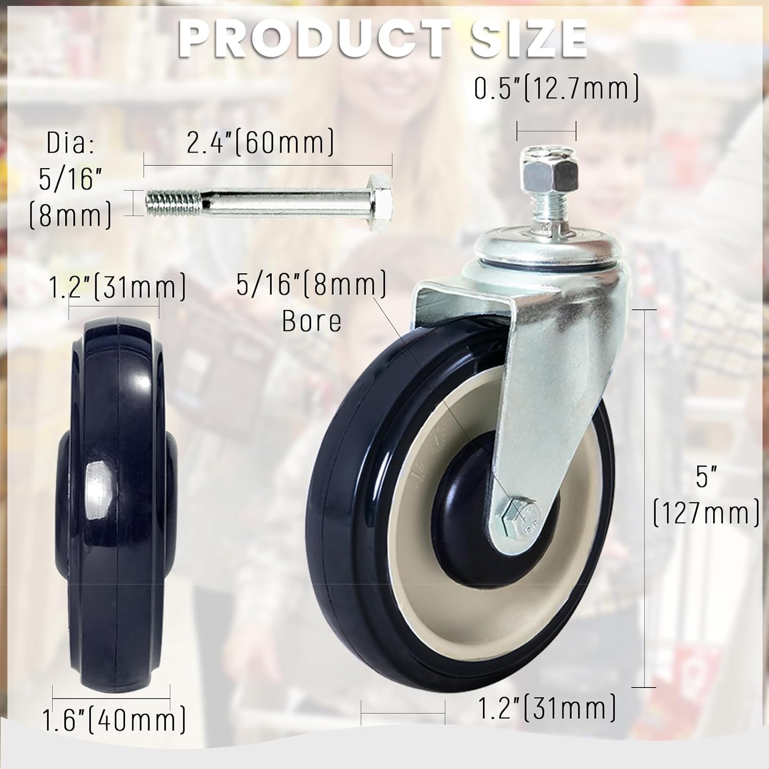 Shopping Cart Wheels Replacement, 4 Pack 5 Inch TPU Cart Wheels, 2 Stemless & 2 Stem Threaded Caster Wheels for Retail Stores and Supermarkets