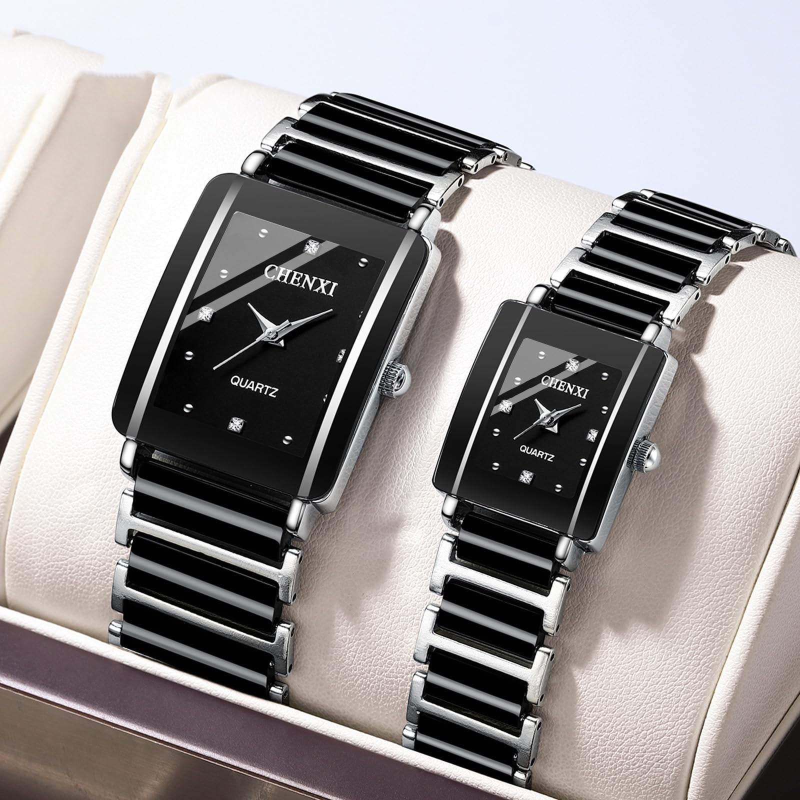 MASTOP Valentines Paar Quarzuhren Weiß Schwarz Rechteck Edelstahl für Sie und Ihn Armbanduhr für Männer Frauen Liebhaber Hochzeit Romantisches Geschenk Set von 2