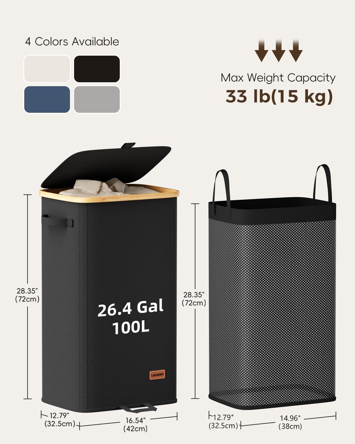 100L Laundry Hamper with Lid, Large Clothes Hamper, Black | Elegant bamboo appearance, Foot Loop, Removable Bag Easy to Lift and Carry, Bathroom, Bedroom, Laundry Room, Dorm