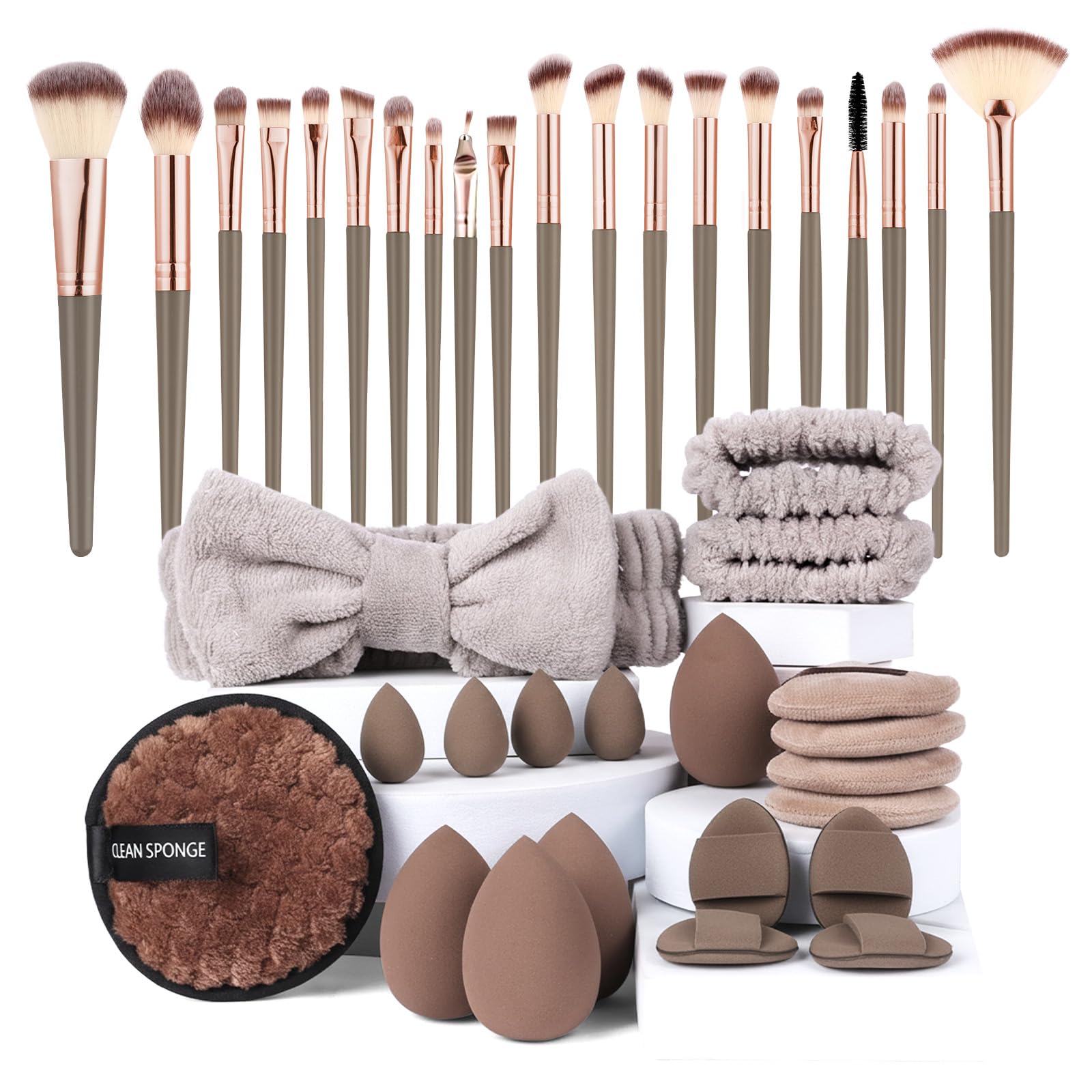 Vicloon Set Pennelli Make up,Kit di 40 strumenti per il trucco di 20 pennelli da trucco e spugne per il trucco,strumenti per il trucco,fasce capelli 2 braccialetti,per fondotinta,palpebra,cipria