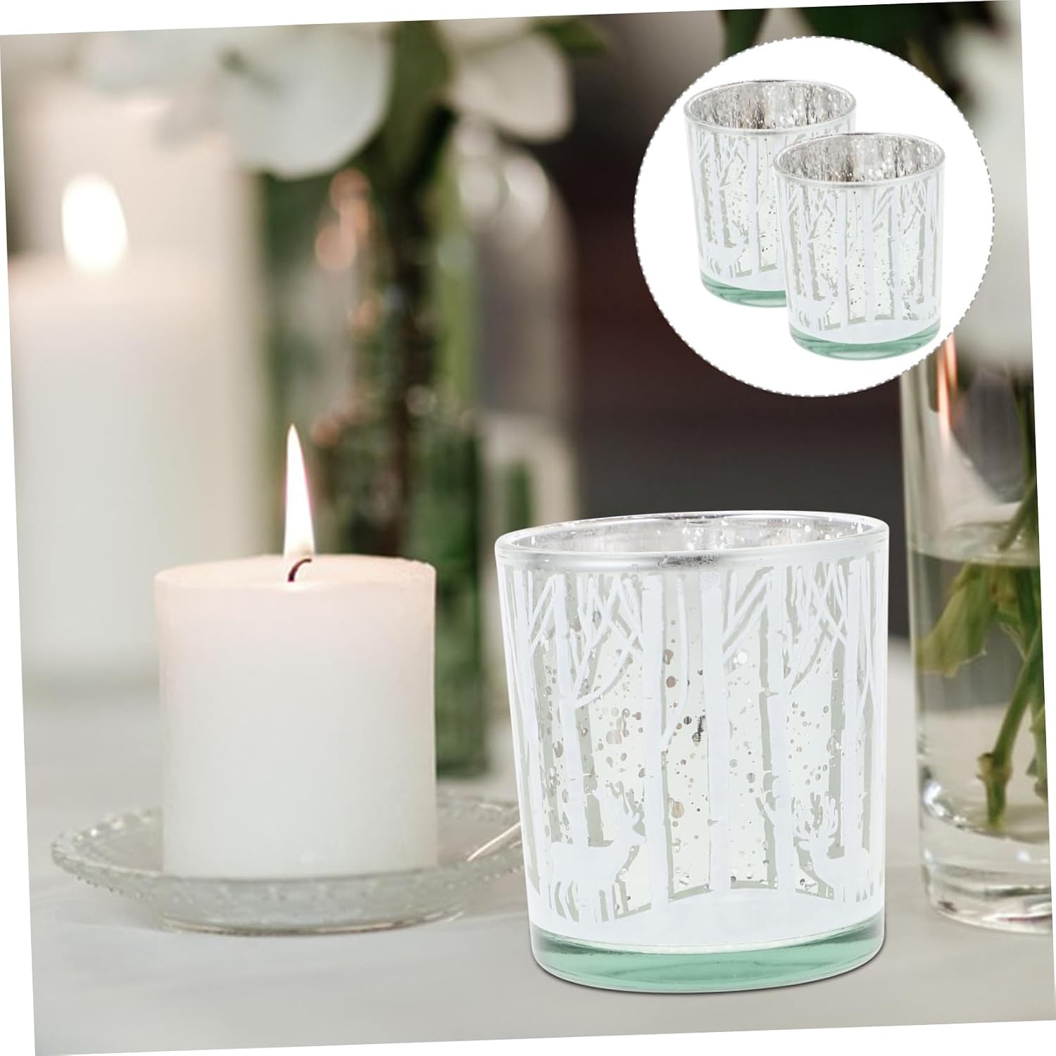 Zerodeko 2pcs Christmas Tealight Candle Holders Glass Christmas Tree and Reindeer Votive Candleholders Silver Table Centerpiece Decorative Xmas Party Home Decor