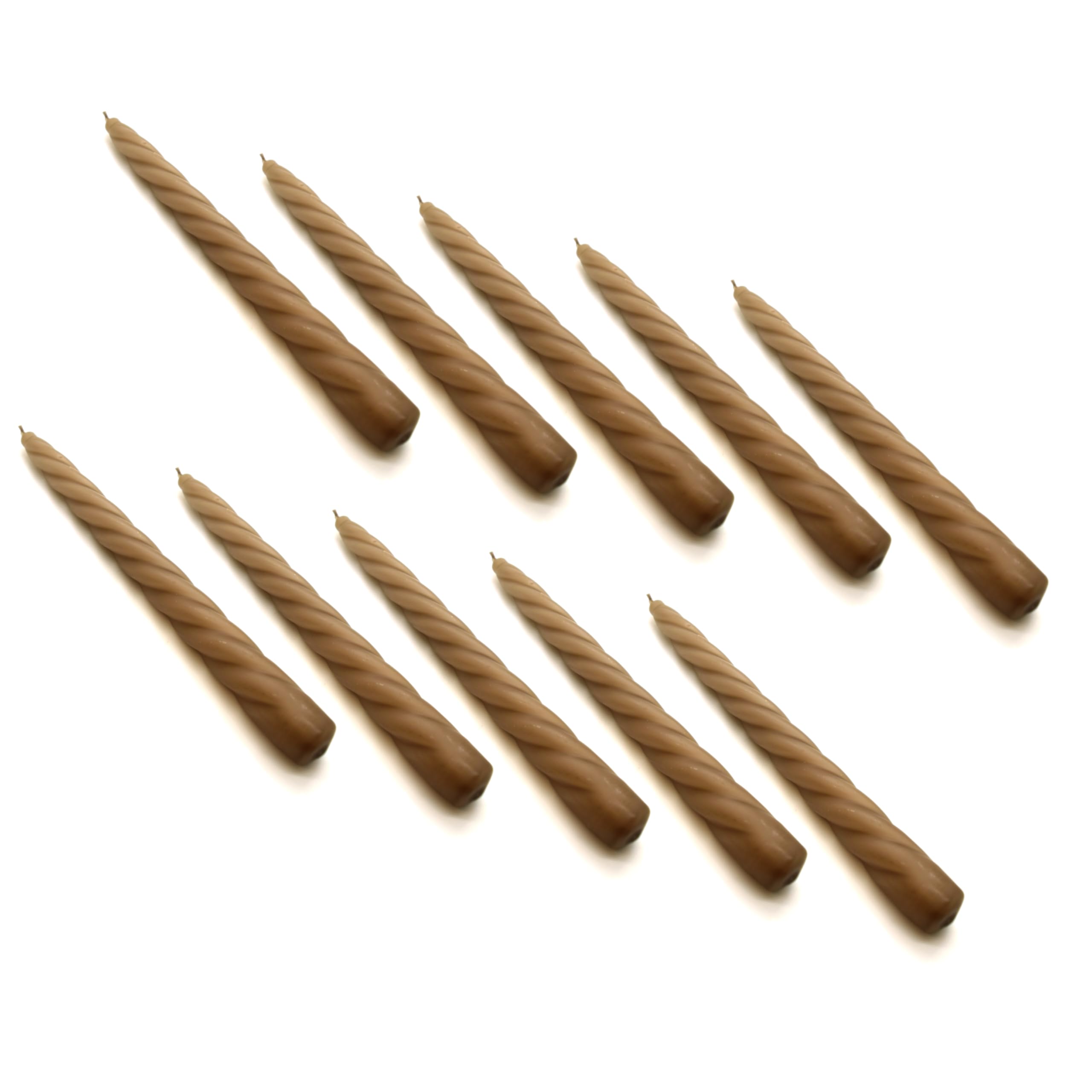 Tapered Dinner Candles, Table Spiral Candles, Pack of 10, Decorative Household Candles, Unscented, Natural Vegan Wax, Clean Burn, 7 Hours Burning Time, 23 cm / 9" Long (Cappuccino)