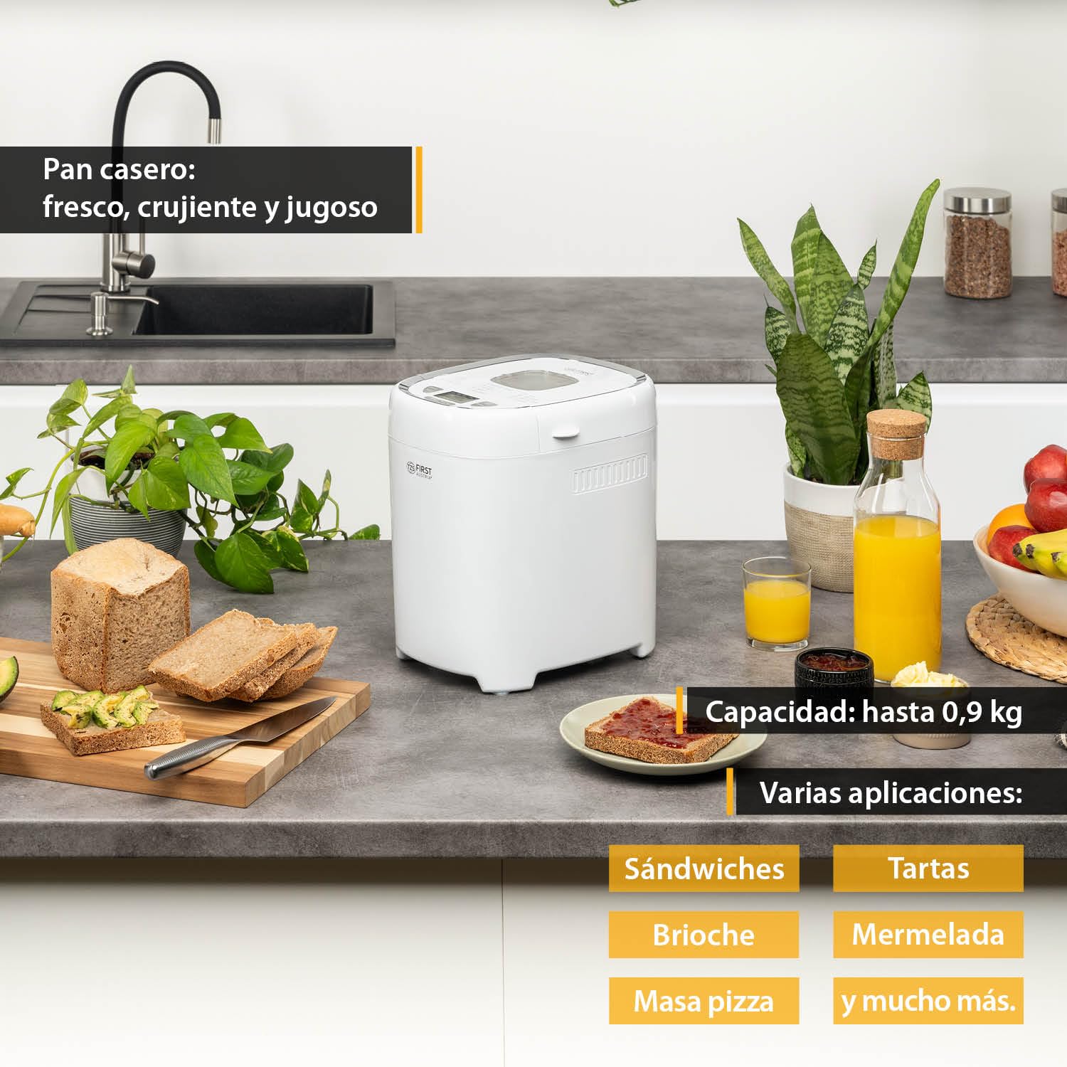 TZS First Austria - Panificadora Eléctrica 900g - 13 Programas Automáticos - Control de Tostado - Temporizador y Función Mantener Caliente - Calidad Vienesa - Blanco