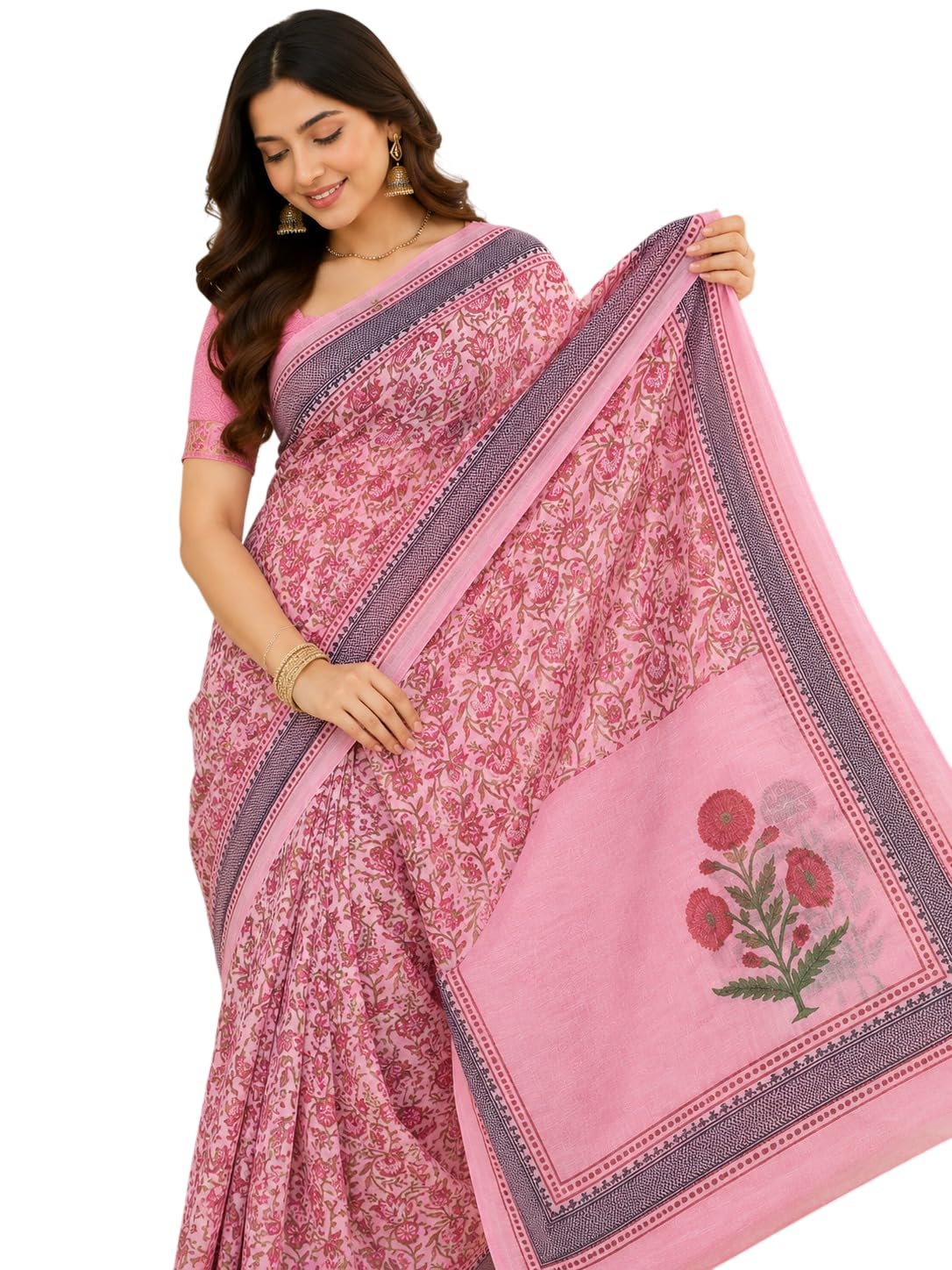 Sundha Women's Pink Floral Printed Chanderi Fiber Saree | Soft Lightweight Designer Ethnic Saree with Contrast Border | Office, Festive & Casual Wear | Unstitched Blouse Piece-picture-44