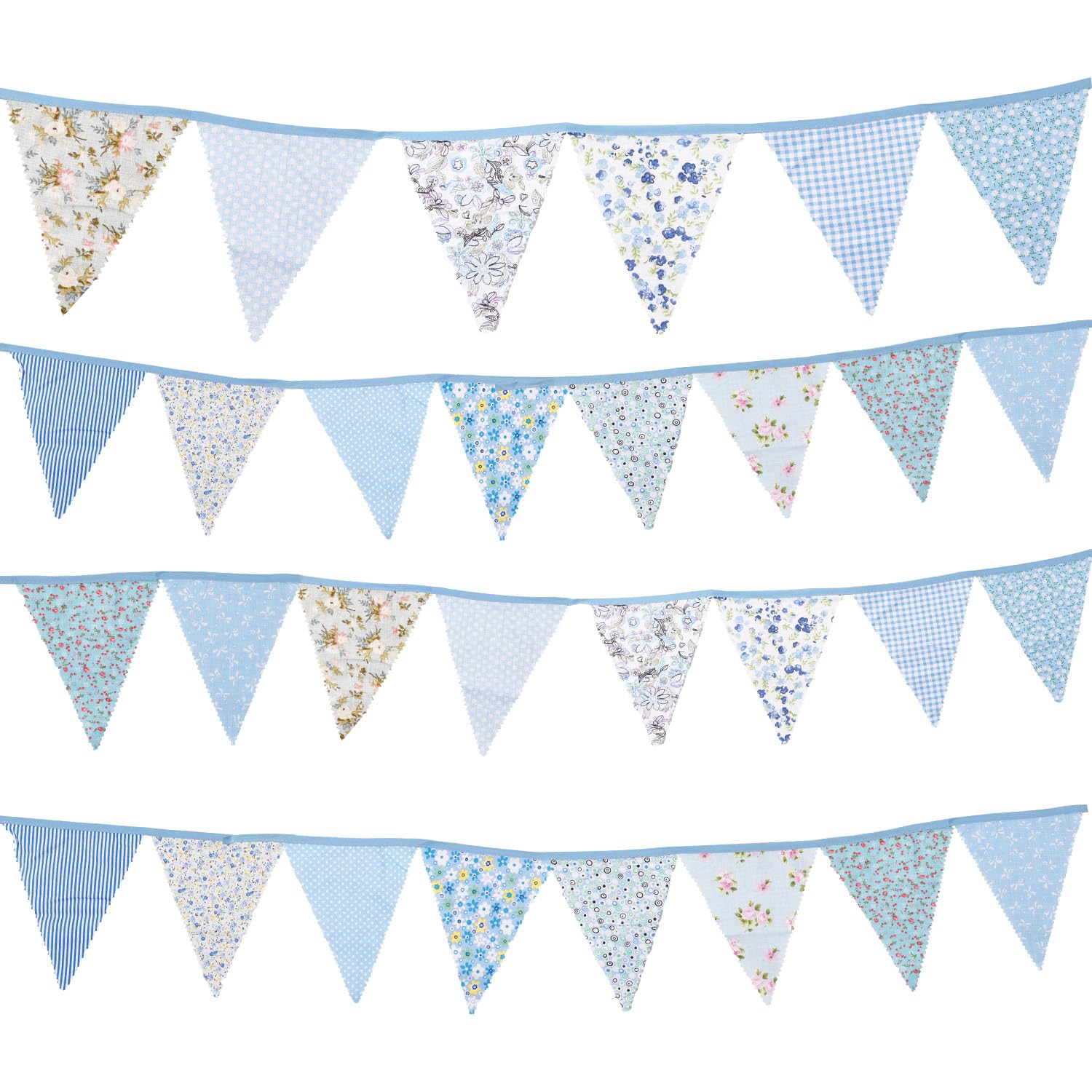 Tabanzhe Blue Fabric Floral Bunting Banner,12M Reusable Cotton Triangle Flags Garland,Vintage Pennant Banner for Wedding Birthday Garden Tea Party Decoration