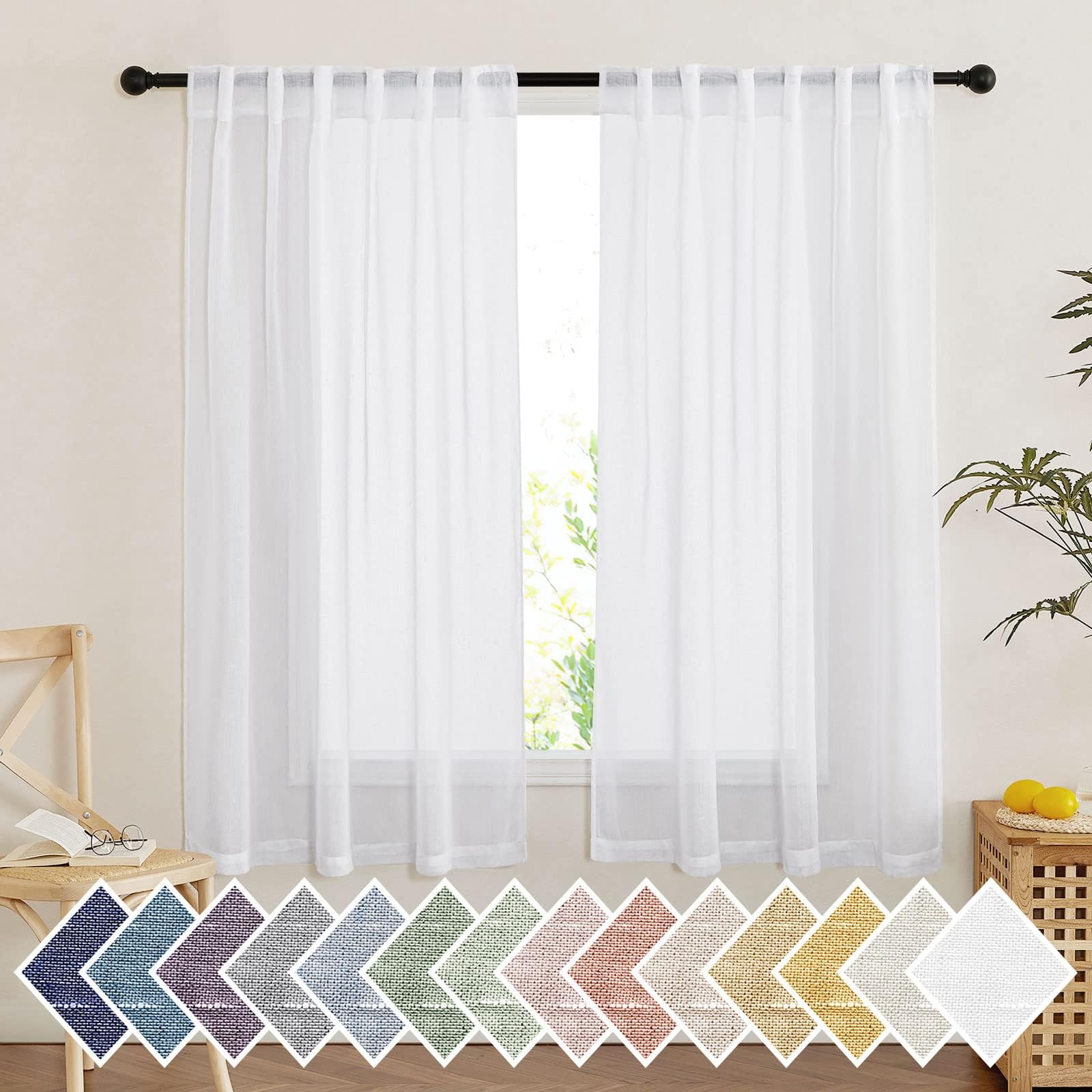 NICETOWN White Linen Sheer Curtains 63 inch Length 2 Panels, Vintage Rod Pocket & Back Tab Flax Linen Semi Sheer Privacy with Light Filtering Curtain Drapes for Living Room, 52" W x 63" L, 2 Panels