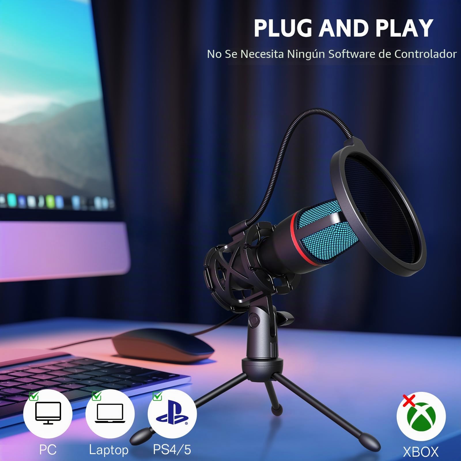 Hoppac Micrófono USB Profesional para PC, Microfono Condensador con Trípode y Filtro Pop, Plug & Play Microfono Compatible con PC, Portátiles, PS4/5, Microfono para Streaming, Podcasting, Youtube