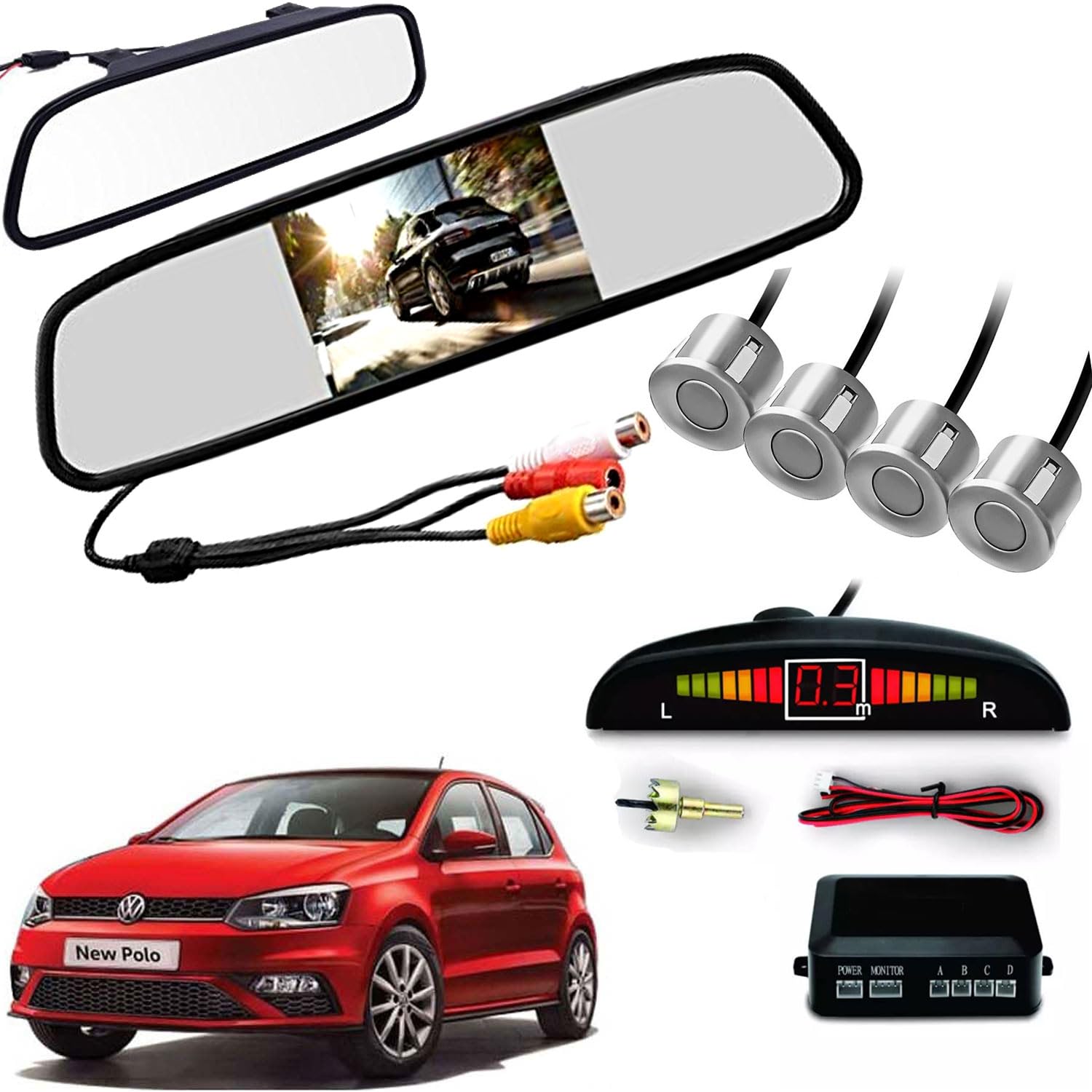 Auto Pearl 4.3 Inch TFT LCD Rearview Mirror Parking Video System with 16.5 MM for Reverse HD Camera, 4 Silver Parking Sensors Compatible with Polo Vivo GT-2013 Onwards-image-43