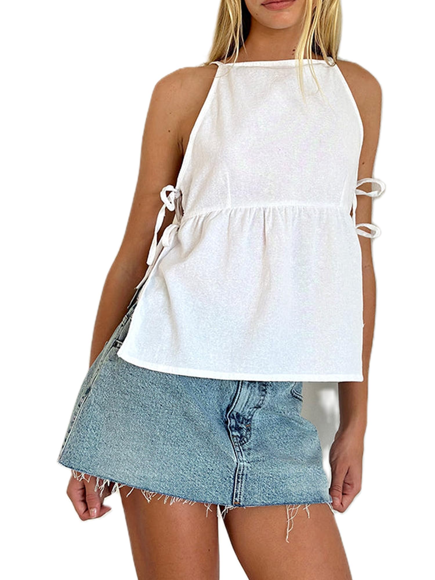 Sexy outfit Damska koszulka typu babydoll z wiązaniem na boku bez rękawów Vintage bez rękawów paski spaghetti koszula z peplum lato wyjściowa odzież typu streetwear top