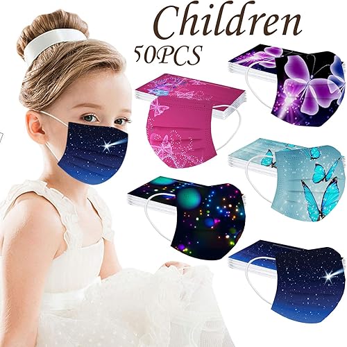 Miniatura 2 de 50 máscaras faciales desechables para niños y niñas, máscara de fiesta de mariposas, cuidado de la piel, vacaciones, transpirable, gruesa, 3 capas