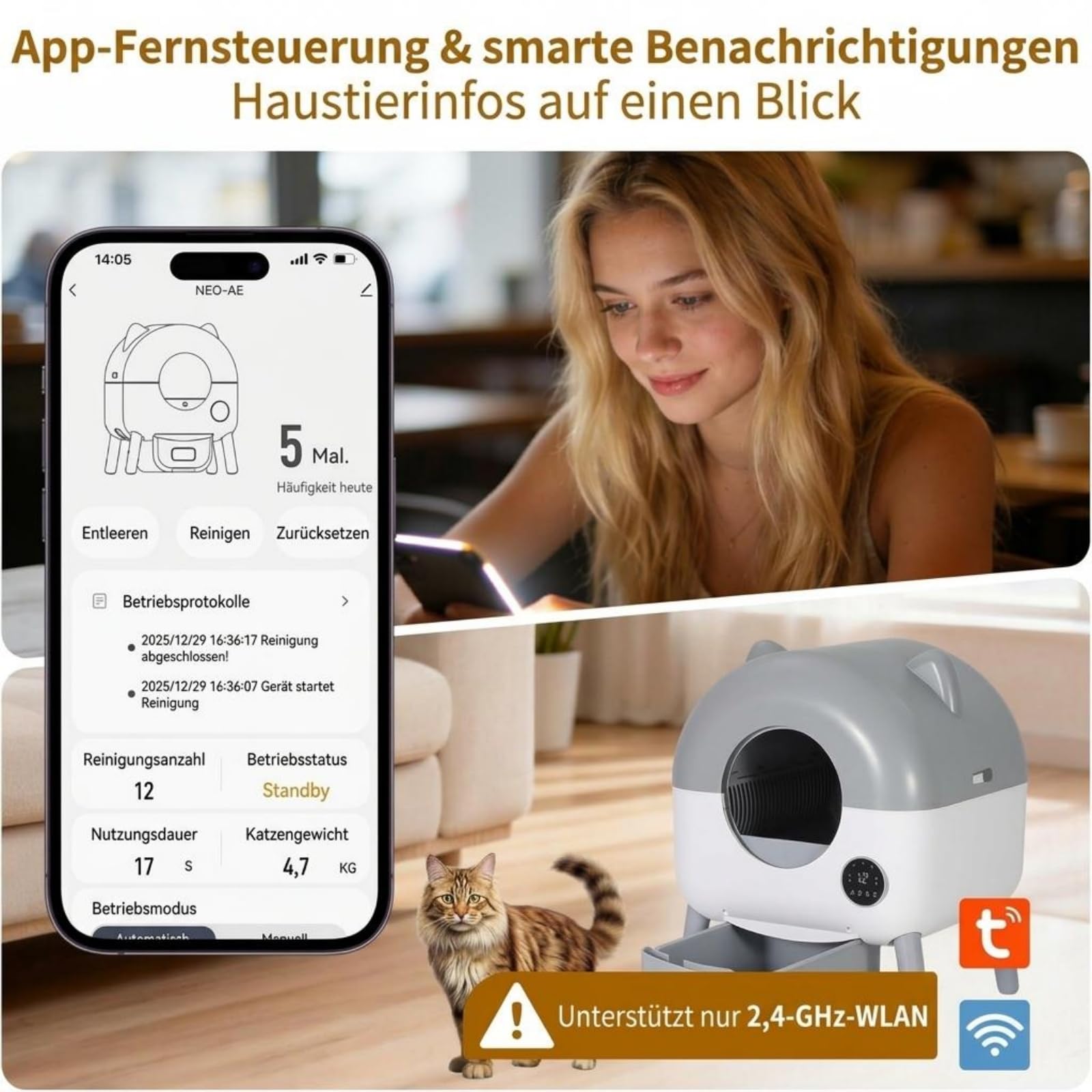 Selbstreinigendes Katzenklo mit App-Steuerung | Automatisches Katzenklo für Mehrfachkatzen, geruchsfrei, leise, großes Fassungsvermögen, mit eingebautem LED-Licht, Sicherheitssensoren